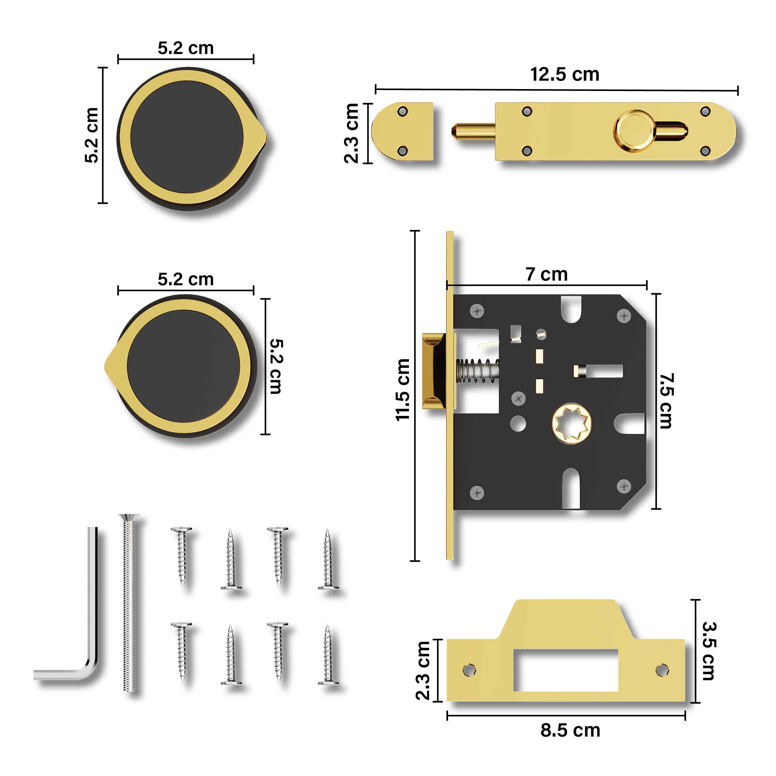 GLOXY Brass Door Lock for Balcony Store Room Door Lock, Mortise Keyless Handle Set with Brass Baby Latch for Home,Office,Hotel | Gold & Black Finish (2 Years Warranty, Pack of 1)