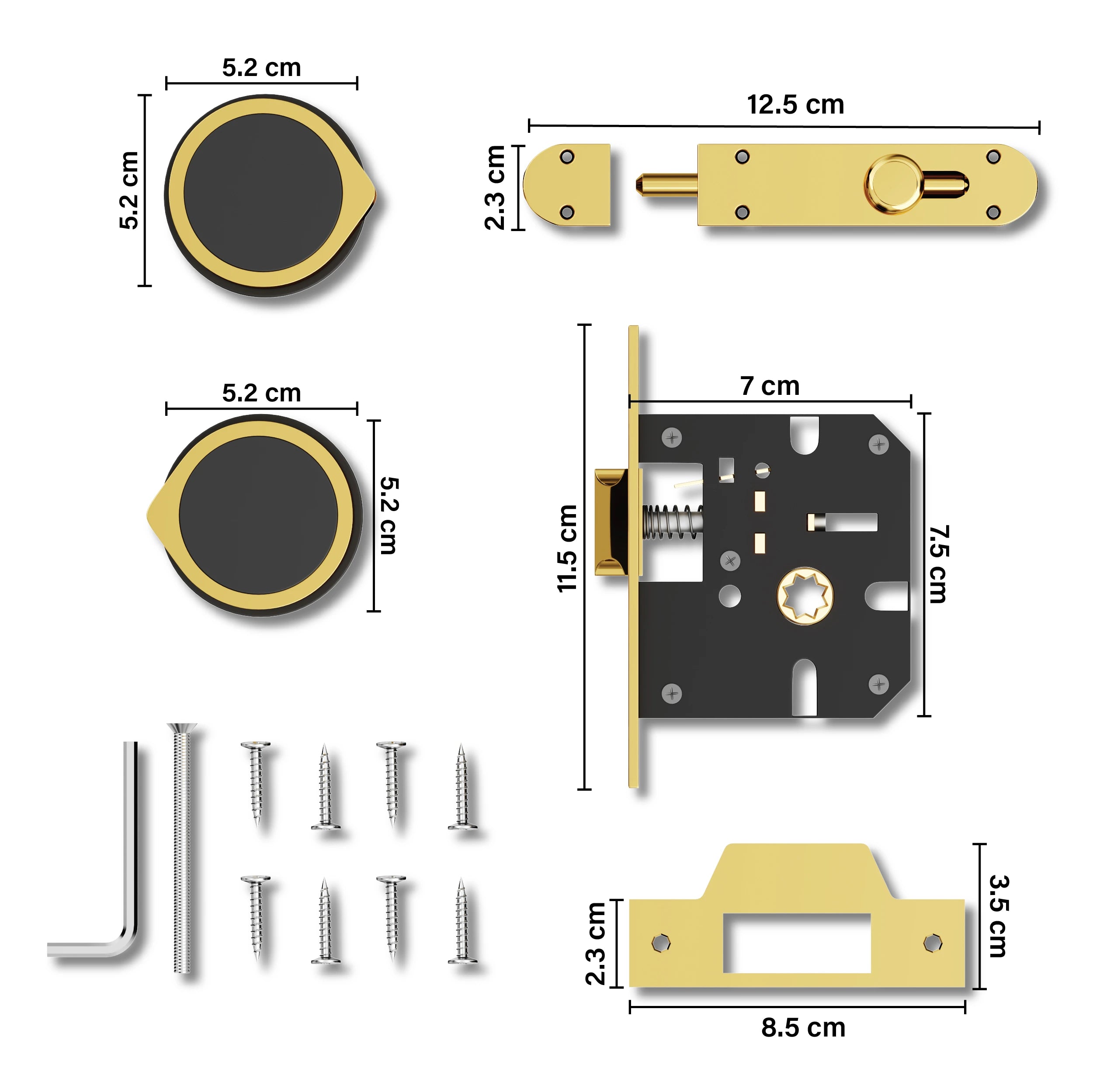 Gloxy Zayno Series Gold Finish Mortise Bathroom Door Latch Lock With Round Handle