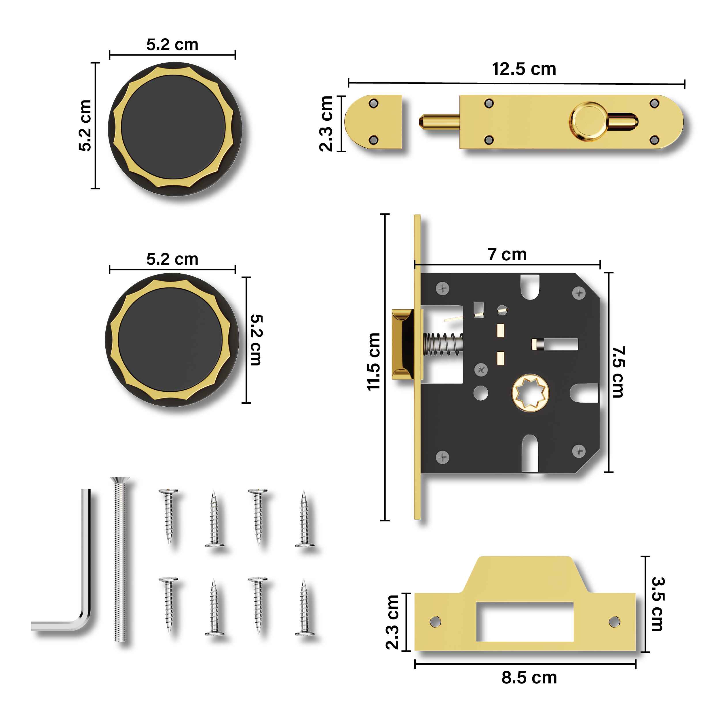 GLOXY Brass Door Lock for Balcony Store Room Door Lock, Mortise Keyless Handle Set with Brass Baby Latch for Home,Office,Hotel | Gold & Black Finish (2 Years Warranty, Pack of 1)