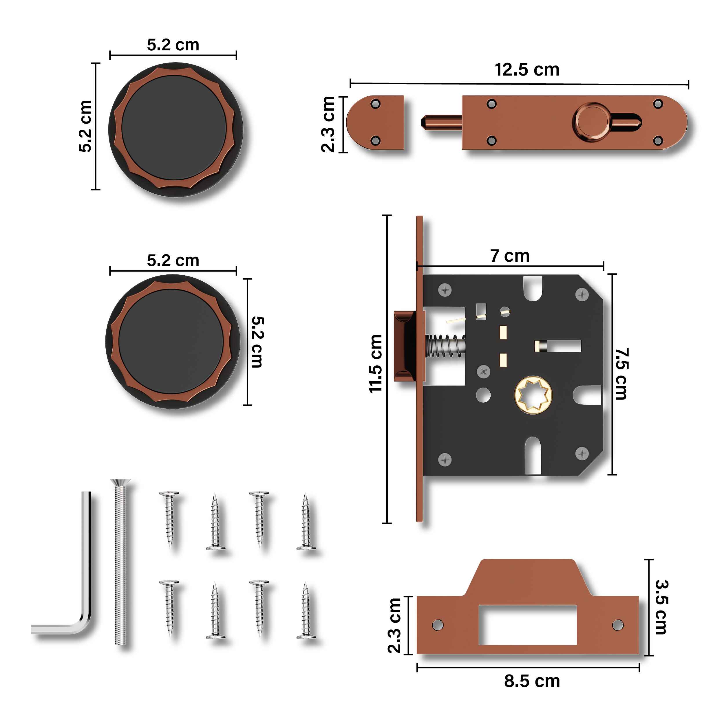 GLOXY Brass Door Lock for Balcony Store Room Door Lock, Mortise Keyless Handle Set with Brass Baby Latch for Home,Office,Hotel | Rose Gold & Black Finish (2 Years Warranty, Pack of 1)