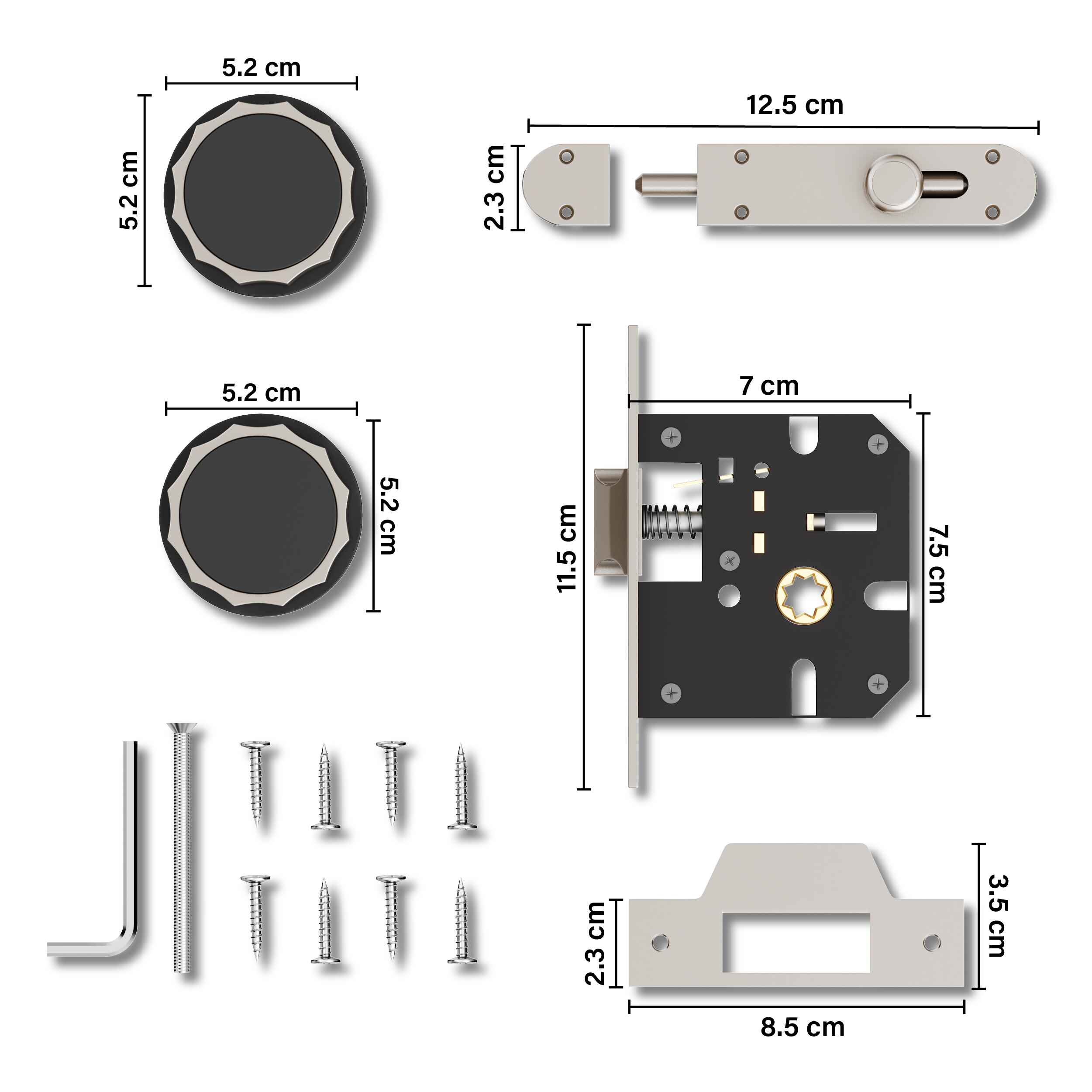 GLOXY Brass Door Lock for Balcony Store Room Door Lock, Mortise Keyless Handle Set with Brass Baby Latch for Home,Office,Hotel | Satin & Black Finish (2 Years Warranty, Pack of 1)