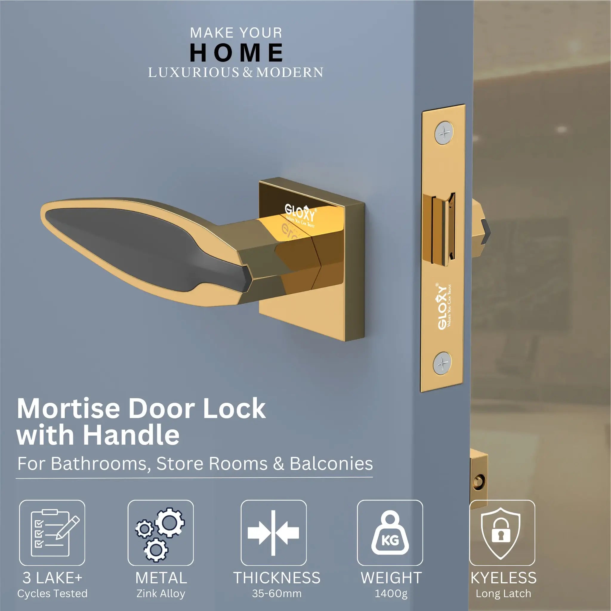 Gloxy Kavro Series Gold Finish Mortise Bathroom Door Latch Lock With Handle