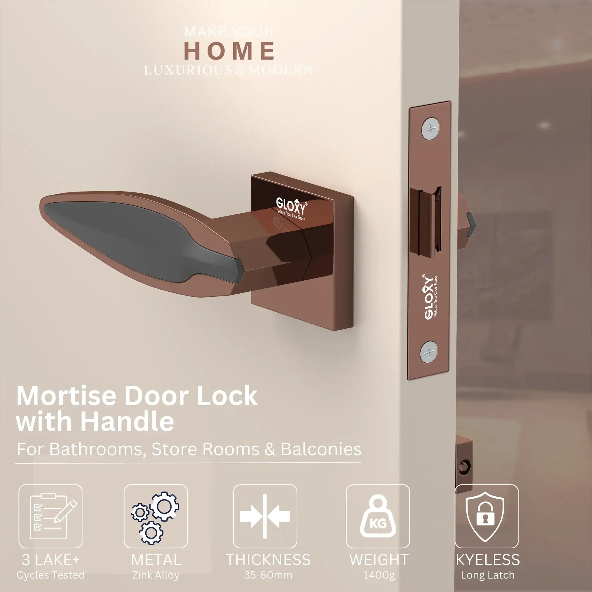 GLOXY Brass Mortise Door Lock for Balcony and Bathroom Door Lock/Keyless Pull Handle Set with Baby Latch for Hotel, Office,Store Room | Rose Gold & Black Finish (2 Years Warranty, Pack of 1)