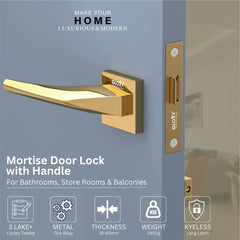 GLOXY Brass Door Lock Set for Bathroom, Mortise Door Lock Handle Set for Balcony, Keyless Lock Handle Set for Storeroom |Gold Finish (2 Years Warranty, Pack of 1)