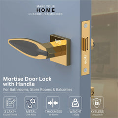 GLOXY Brass Door Lock for Balcony Store Room Door Lock, Mortise Keyless Handle Set with Brass Baby Latch for Home,Office,Hotel | Gold & Black Finish (2 Years Warranty, Pack of 1)