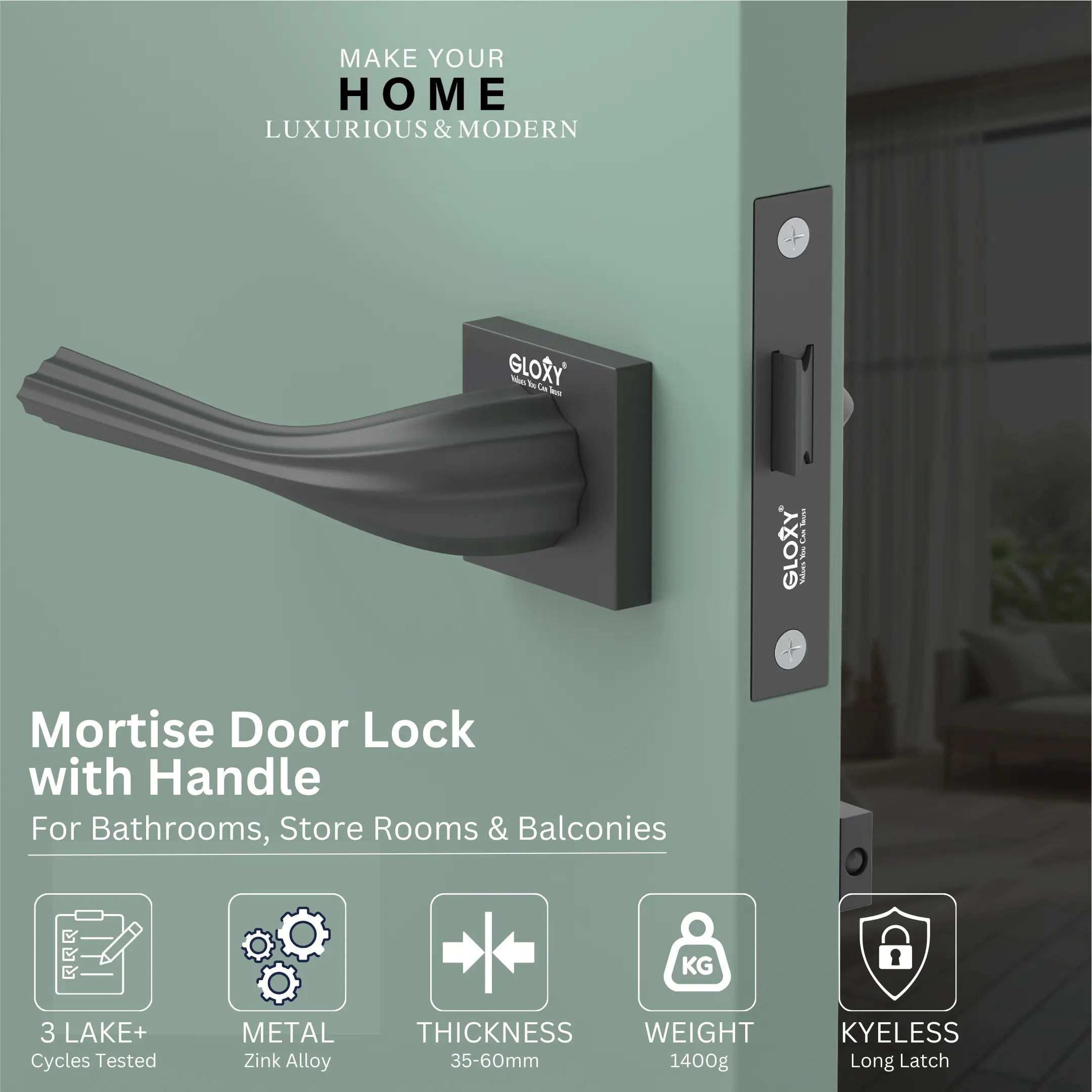 GLOXY Brass Heavy Duty Door Lock Bathroom Door Lock Mortise Keyless Handle Set for Home/Bathroom/Store Room/Balcony/Office with Baby Latch | Black Finish (2 Years Warranty, Pack of 1)