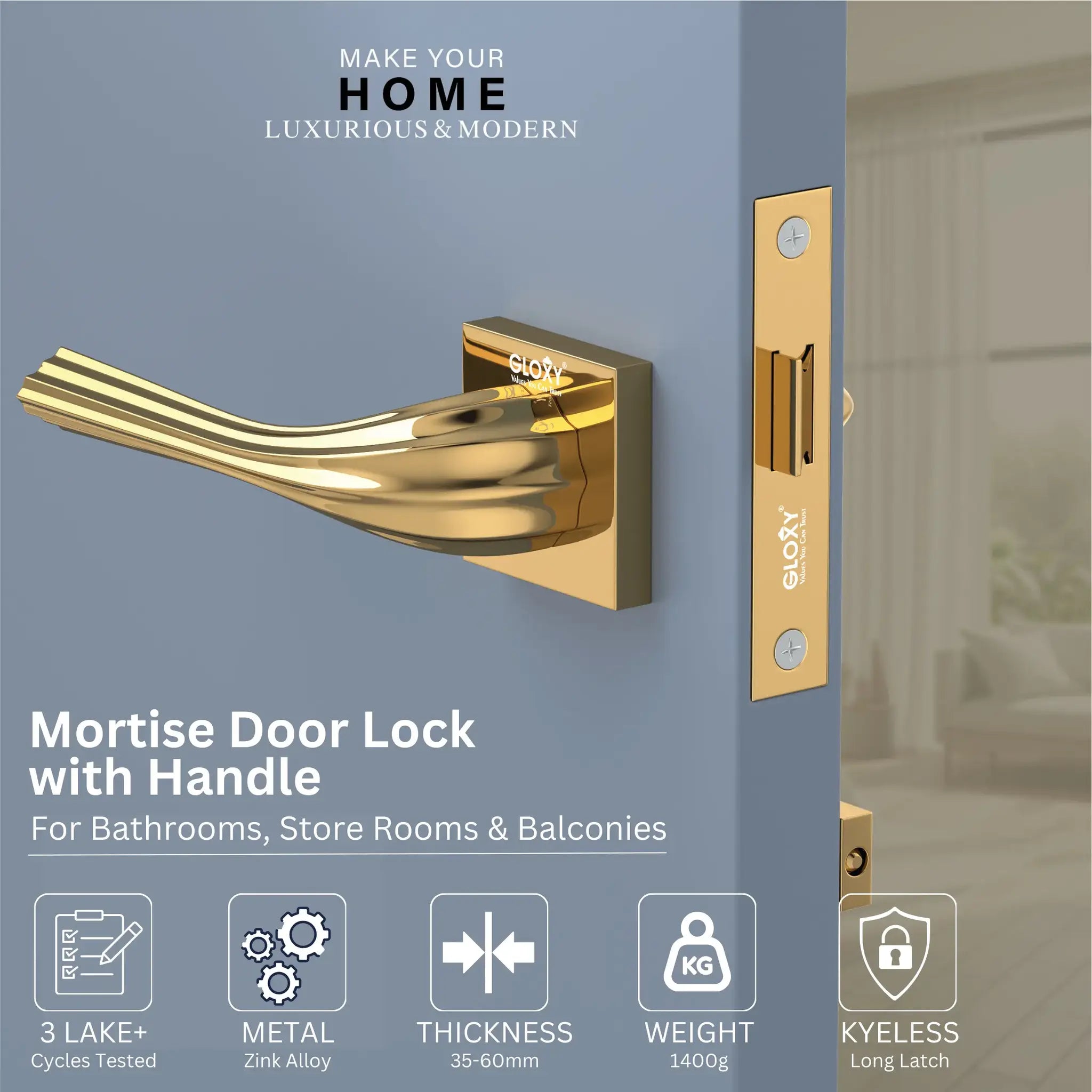GLOXY Brass Door Locks for Bathroom Door Lock,Mortise Keyless Handle Set with Brass Baby Latch for Bathroom, Kitchen | Gold Finish (2 Years Warranty, Pack of 1)