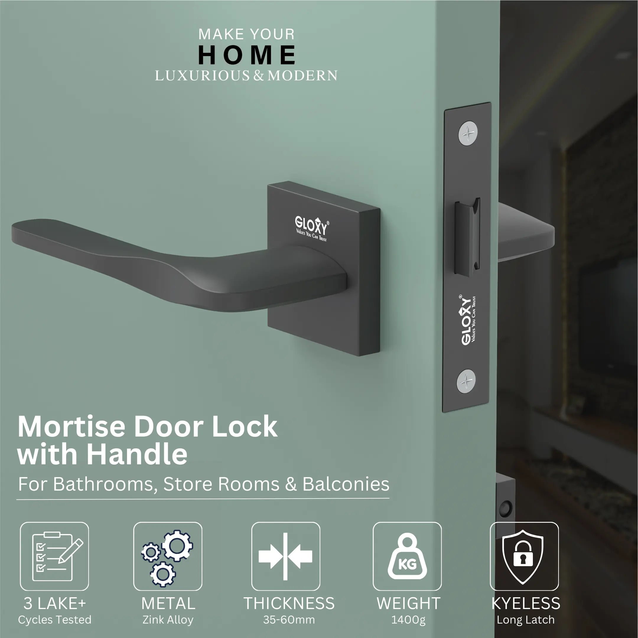 Gloxy Barno Series Black Finish Mortise Bathroom Door Latch Lock With Handle