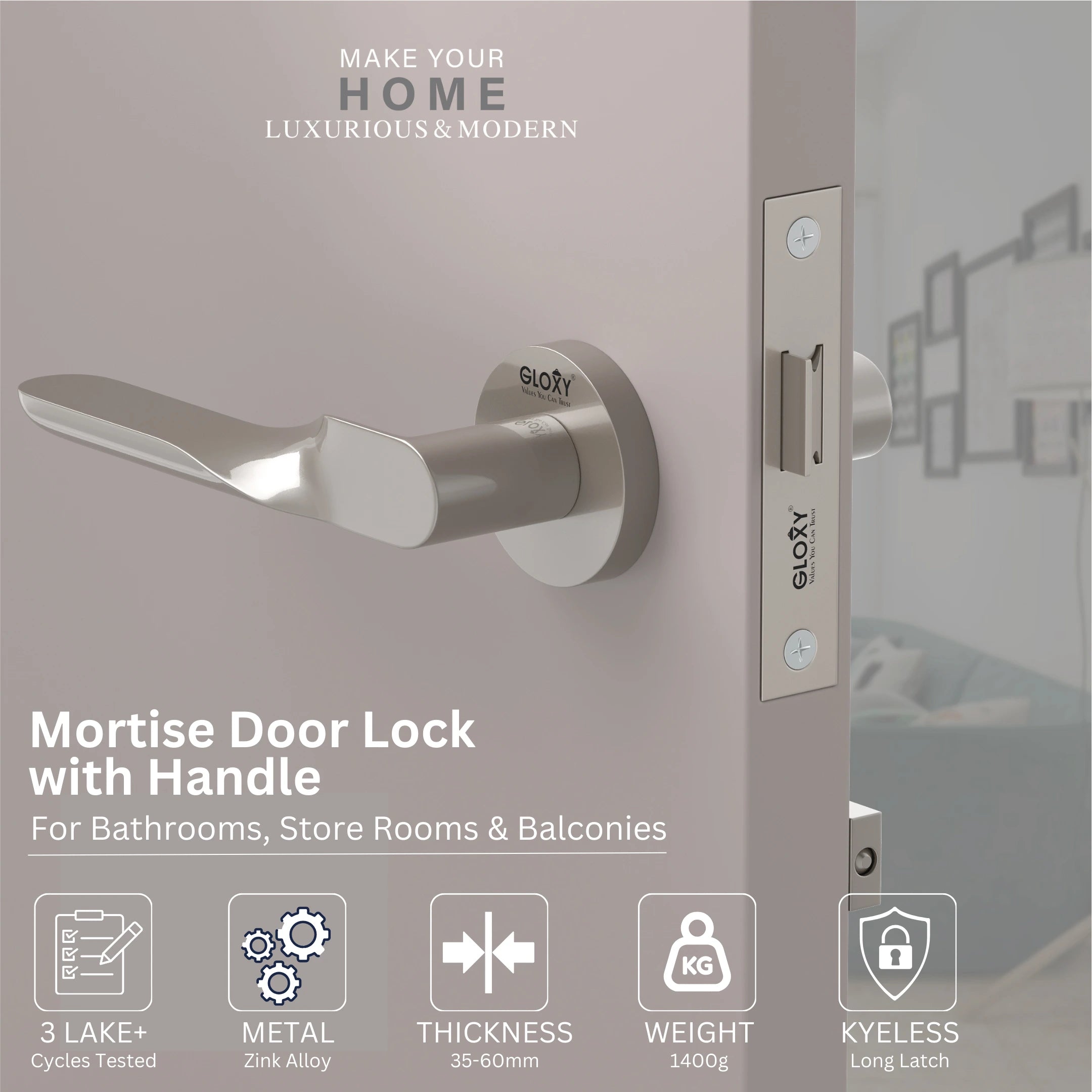 Gloxy Revok Series Satin Chrome Finish Mortise Bathroom Door Latch Lock With Handle