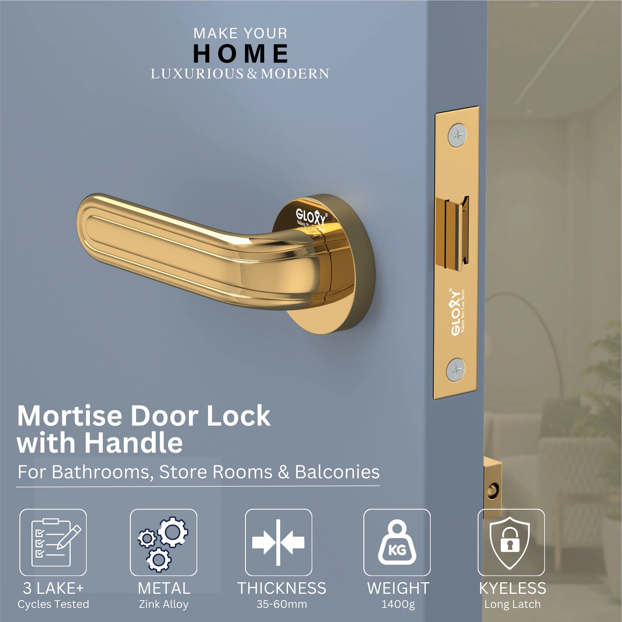 Gloxy Tavin Series Gold Finish Mortise Bathroom Door Latch Lock With Handle