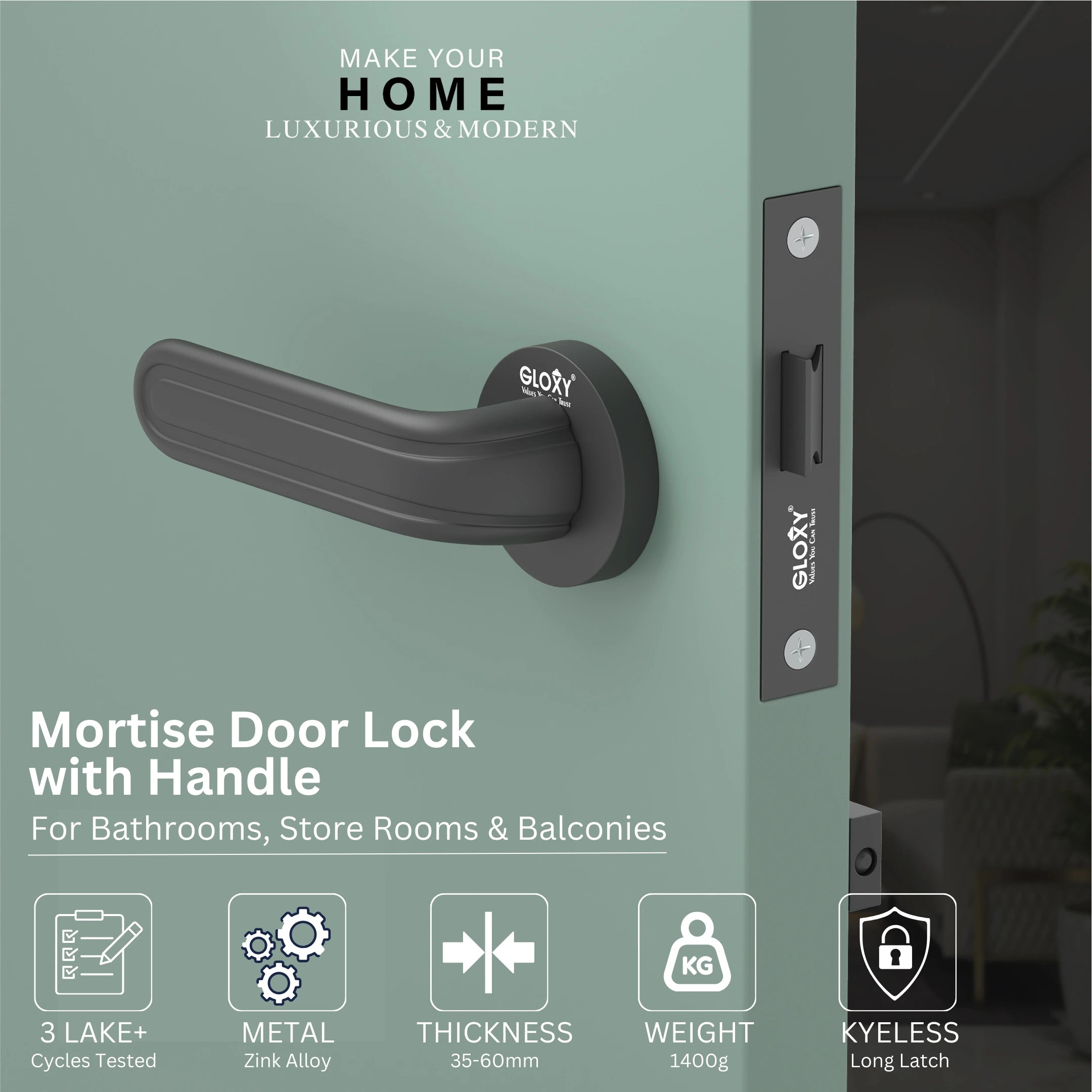 GLOXY Brass Door Lock for Balcony Store Room Door Lock, Mortise Keyless Handle Set with Brass Baby Latch for Home,Office,Hotel | Black Finish (2 Years Warranty, Pack of 1)