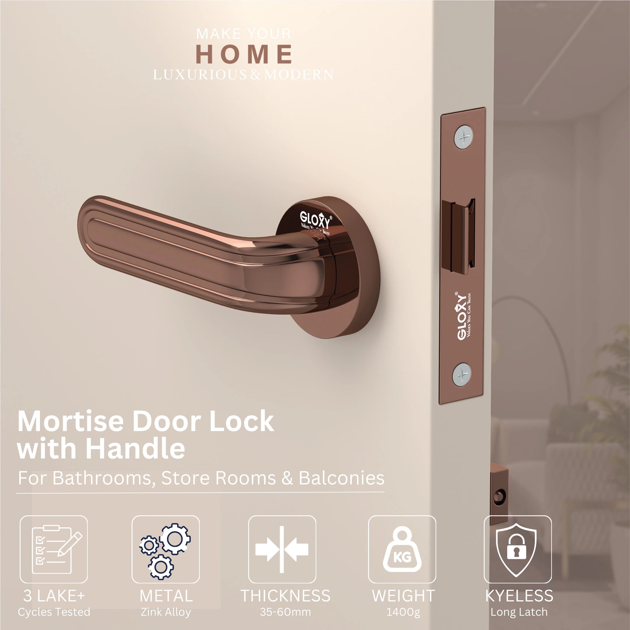 GLOXY Brass Door Lock for Balcony Store Room Door Lock, Mortise Keyless Handle Set with Brass Baby Latch for Home,Office,Hotel | Rose Gold Finish (2 Years Warranty, Pack of 1)