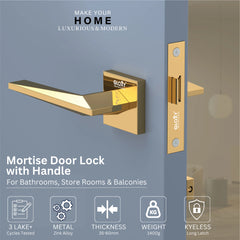 GLOXY Brass Door Lock for Balcony Store Room Door Lock, Mortise Keyless Handle Set with Brass Baby Latch for Home,Office,Hotel | Gold Finish (2 Years Warranty, Pack of 1)
