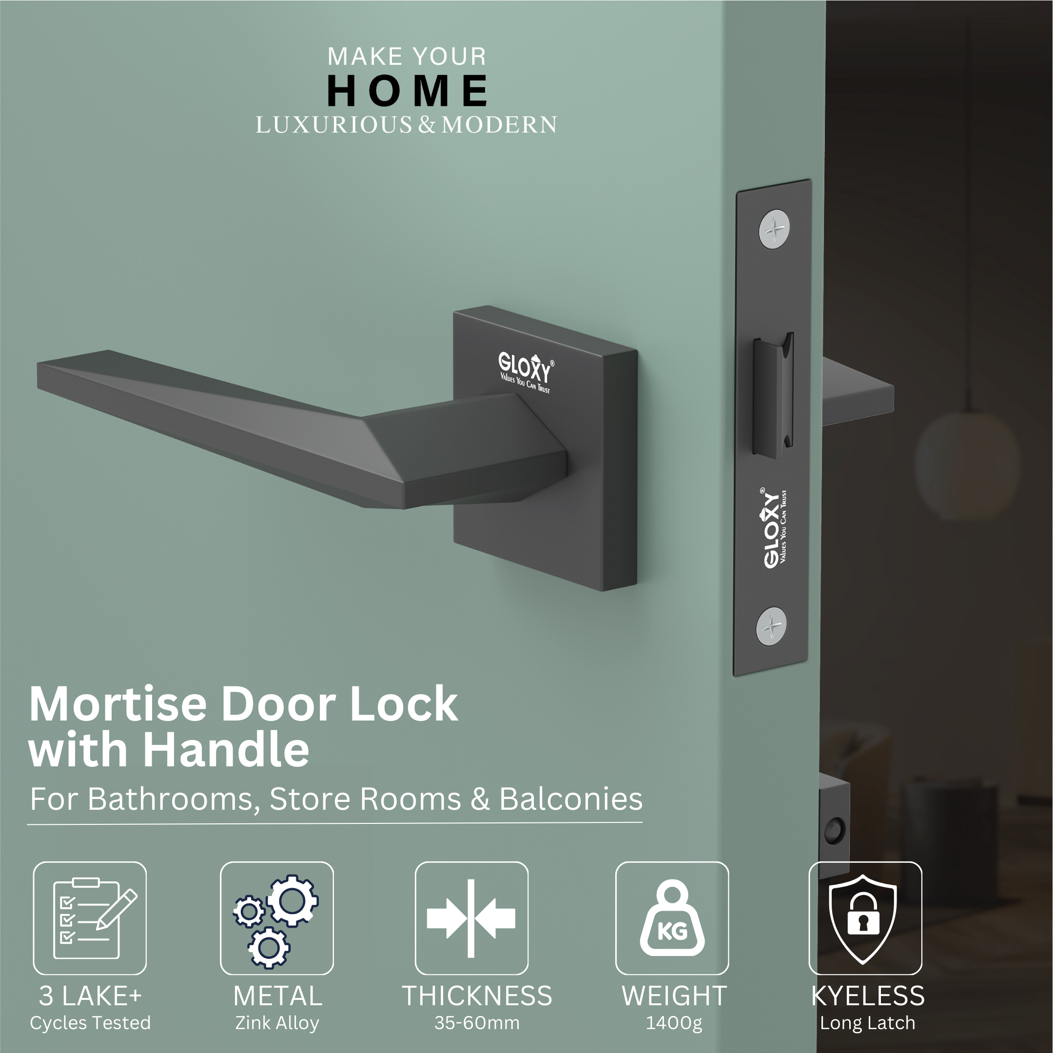 Gloxy Ralor Series Black Finish Mortise Bathroom Door Latch Lock With Handle
