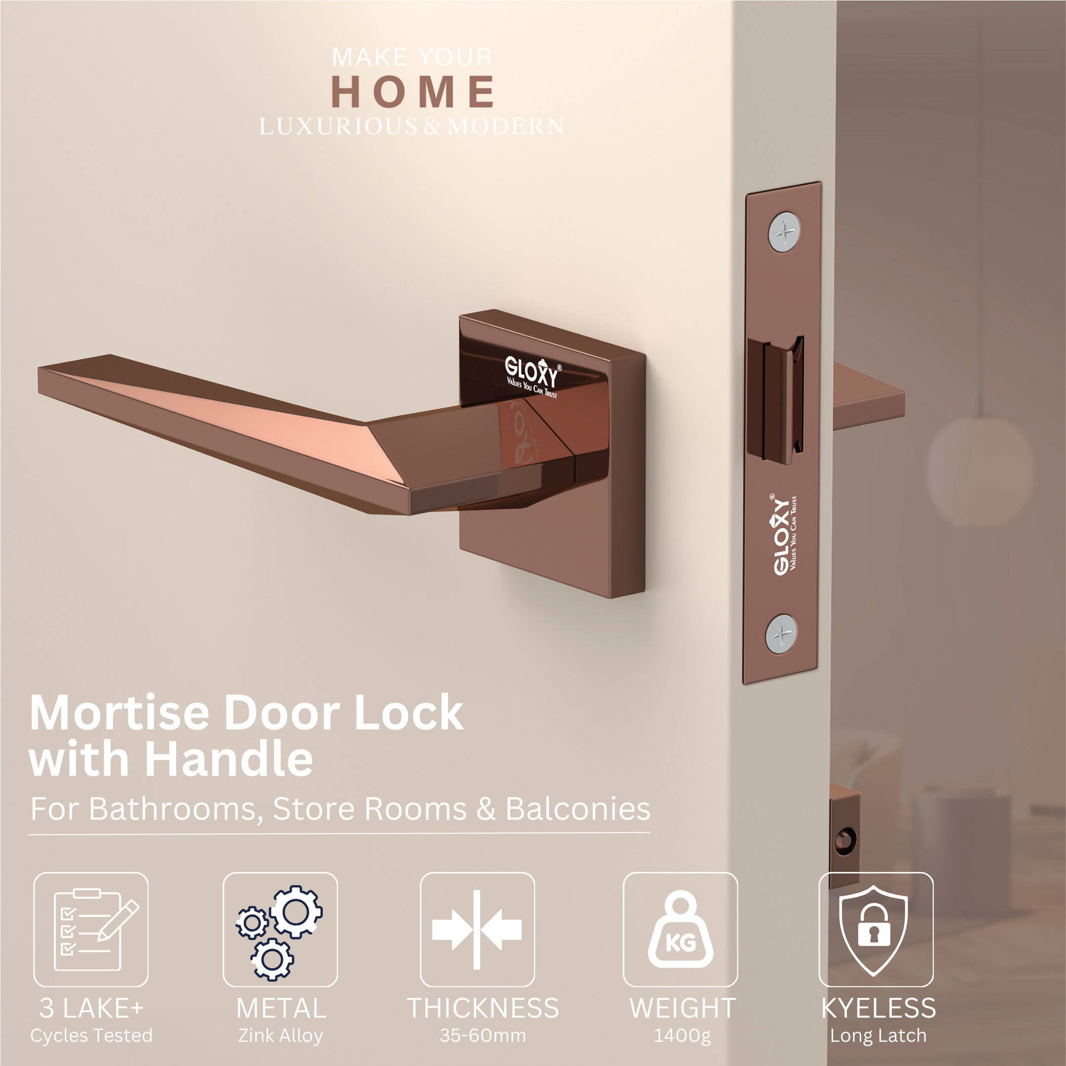 Gloxy Ralor Series Rose Gold Finish Mortise Bathroom Door Latch Lock With Handle