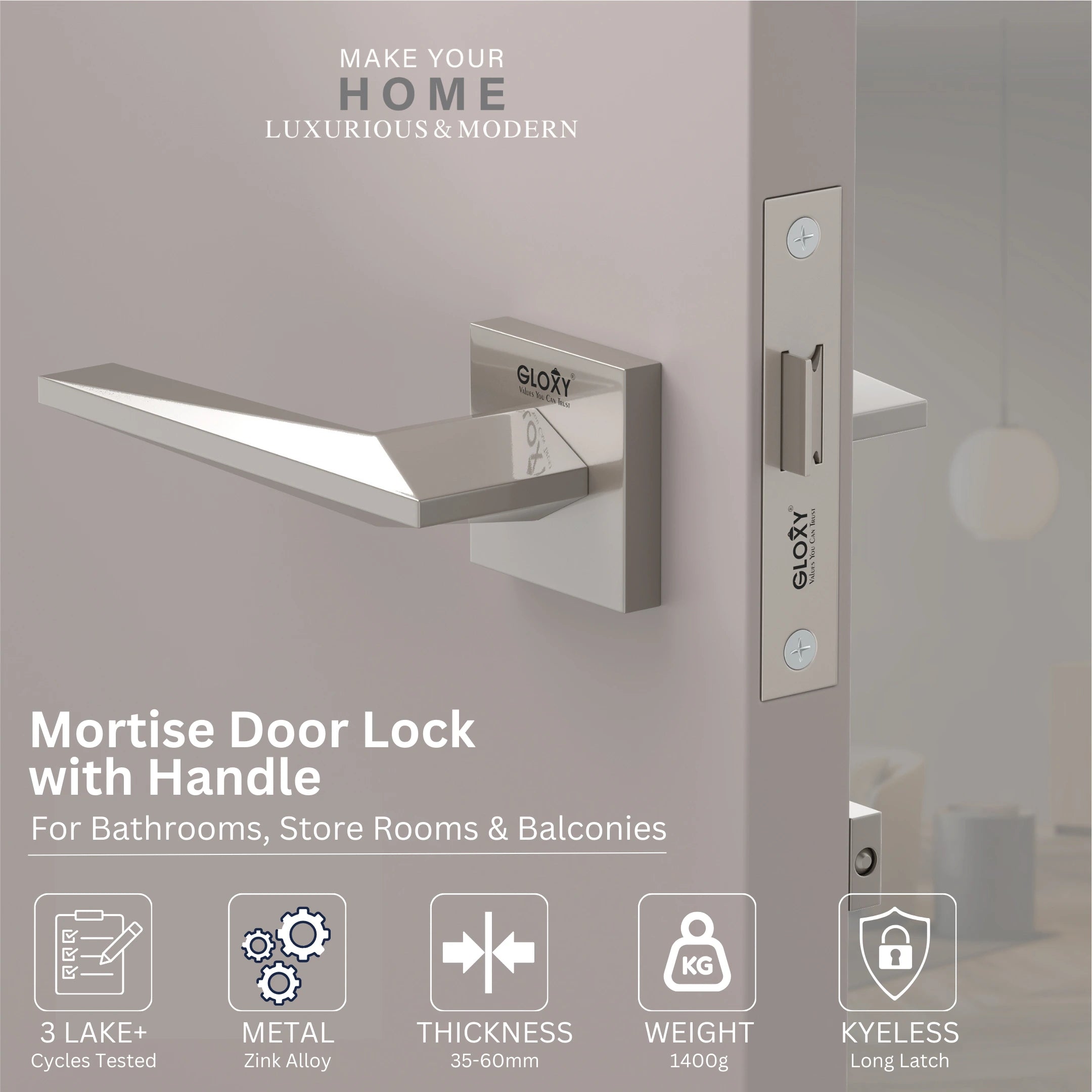 GLOXY Brass Door Lock for Balcony Store Room Door Lock, Mortise Keyless Handle Set with Brass Baby Latch for Home,Office,Hotel | Satin Chrome Finish (2 Years Warranty, Pack of 1)