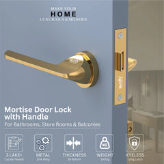 GLOXY Brass Door Lock for Balcony Store Room Door Lock, Mortise Keyless Handle Set with Brass Baby Latch for Home,Office,Hotel | Gold Finish (2 Years Warranty, Pack of 1)