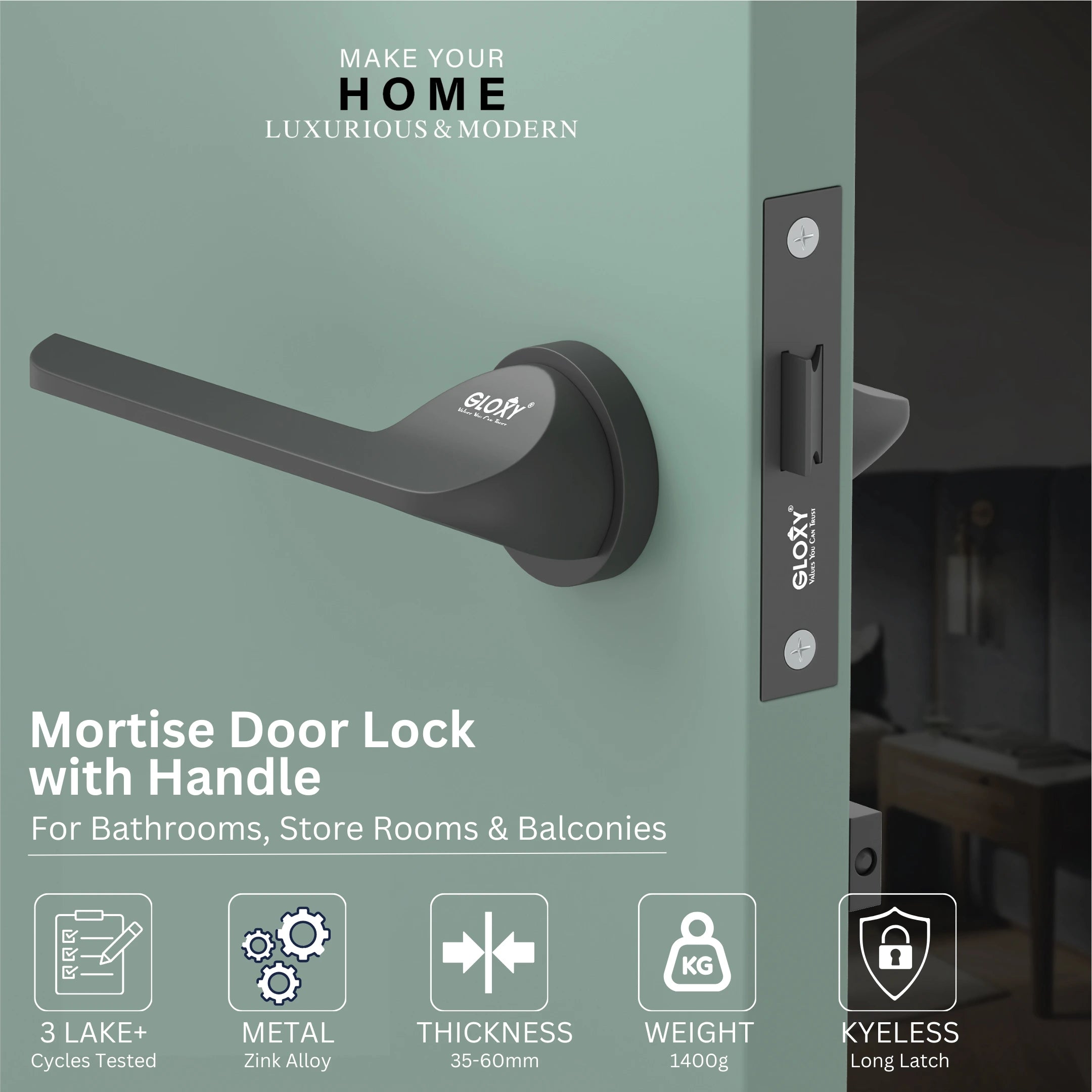 Gloxy Garnik Series Black Finish Mortise Bathroom Door Latch Lock With Handle