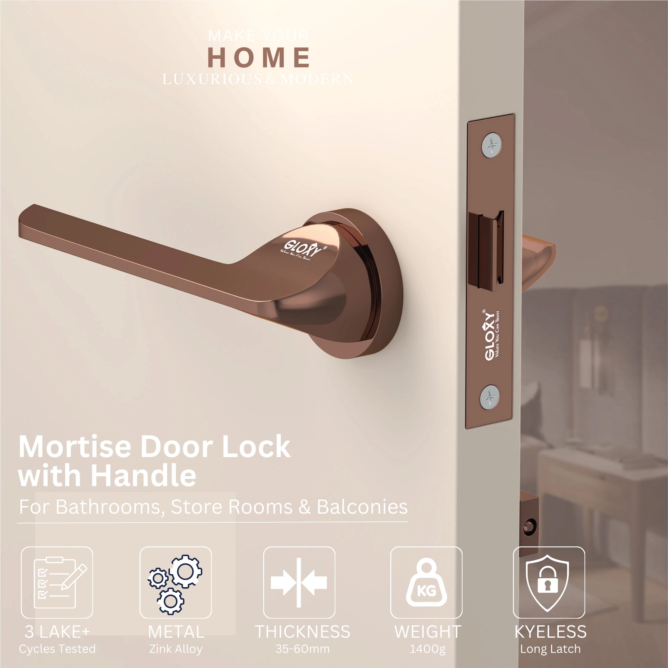Gloxy Garnik Series Rose Gold Finish Mortise Bathroom Door Latch Lock With Handle
