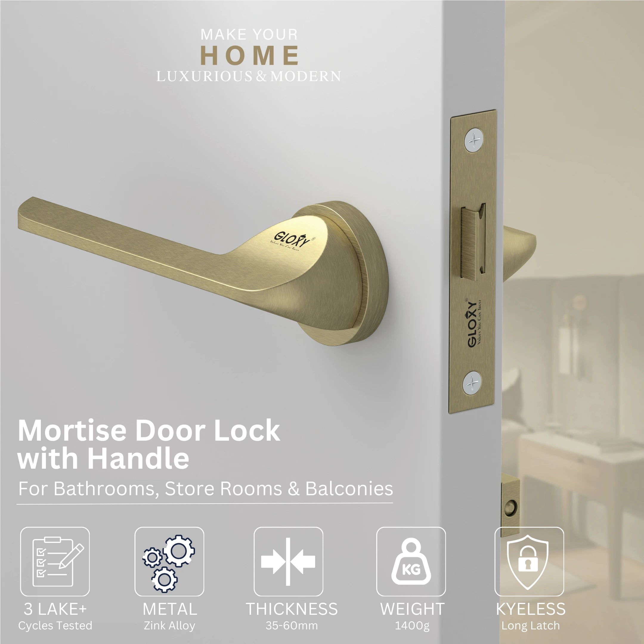 GLOXY Brass Door Lock for Balcony Store Room Door Lock, Mortise Keyless Handle Set with Brass Baby Latch for Home,Office,Hotel | Antique Finish (2 Years Warranty, Pack of 1)