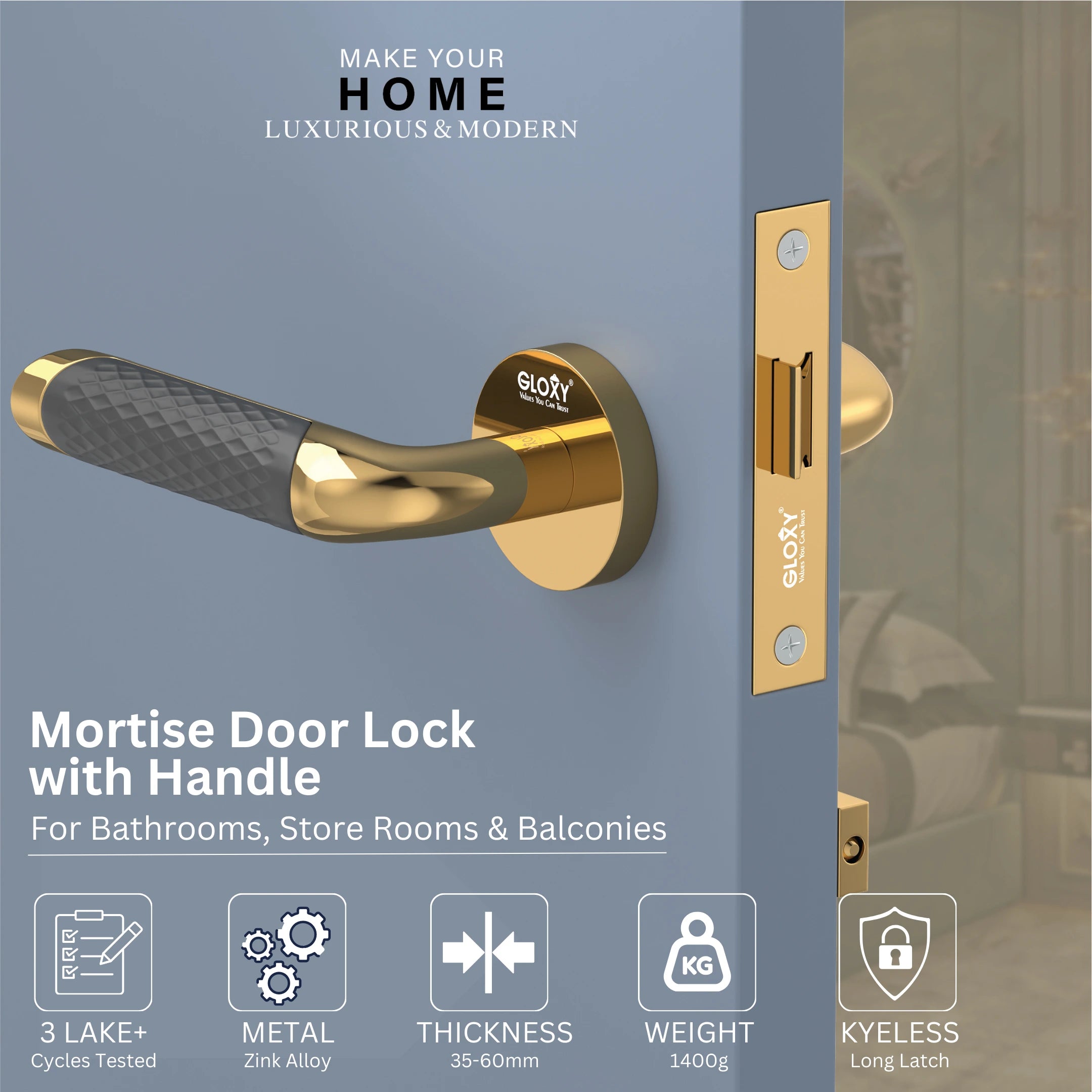 Gloxy Velto Series Gold Finish Mortise Bathroom Door Latch Lock With Handle
