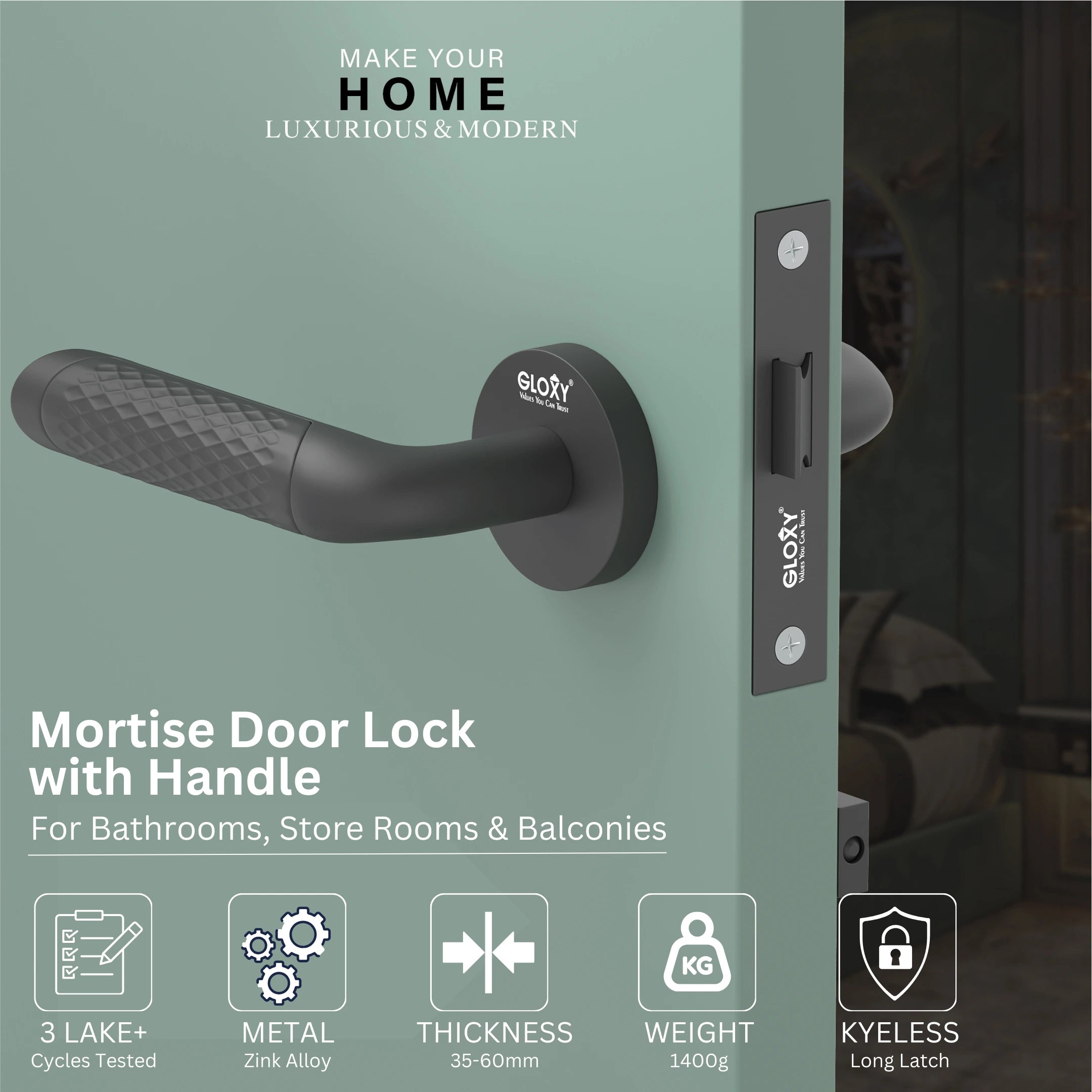 Gloxy Velto Series Black Finish Mortise Bathroom Door Latch Lock With Handle