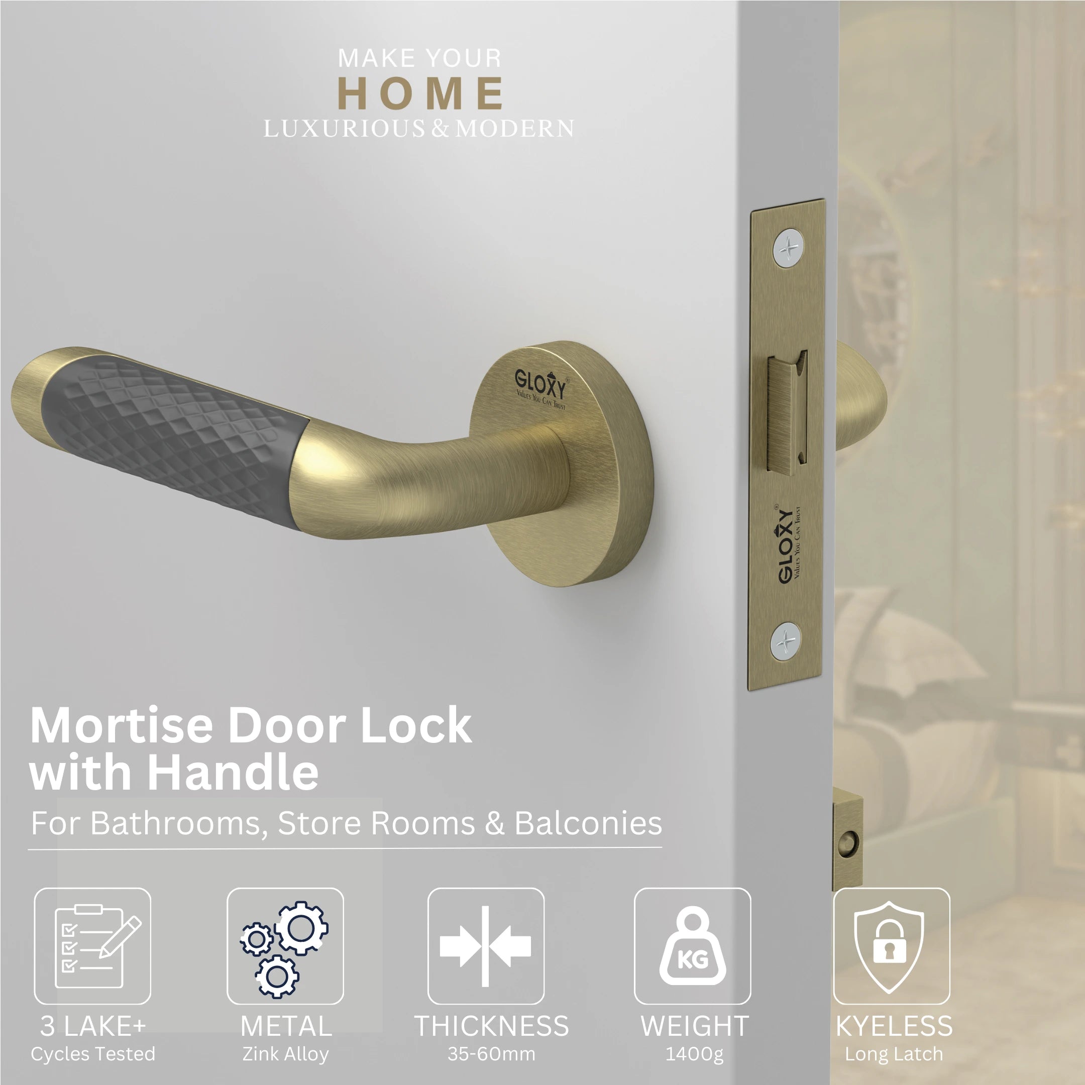 Gloxy Velto Series Antique Finish Mortise Bathroom Door Latch Lock With Handle