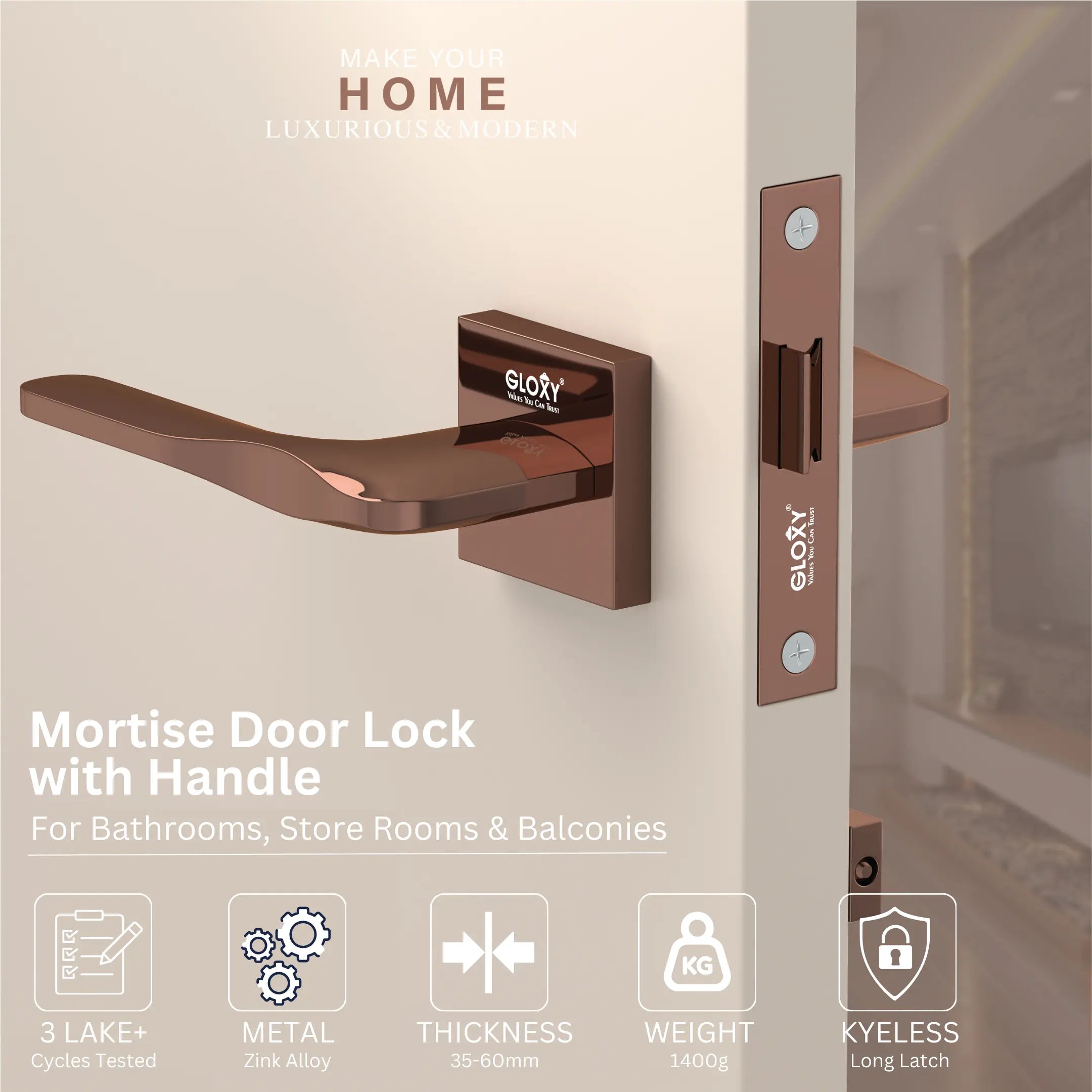 GLOXY Mortise Tower Bolt Door Lock Set for Bathroom, Mortise Door Lock Handle Set for Balcony, Keyless Pull Lock Handle Set for Kitchen |Rose Gold Finish (2 Years Warranty, Pack of 1)