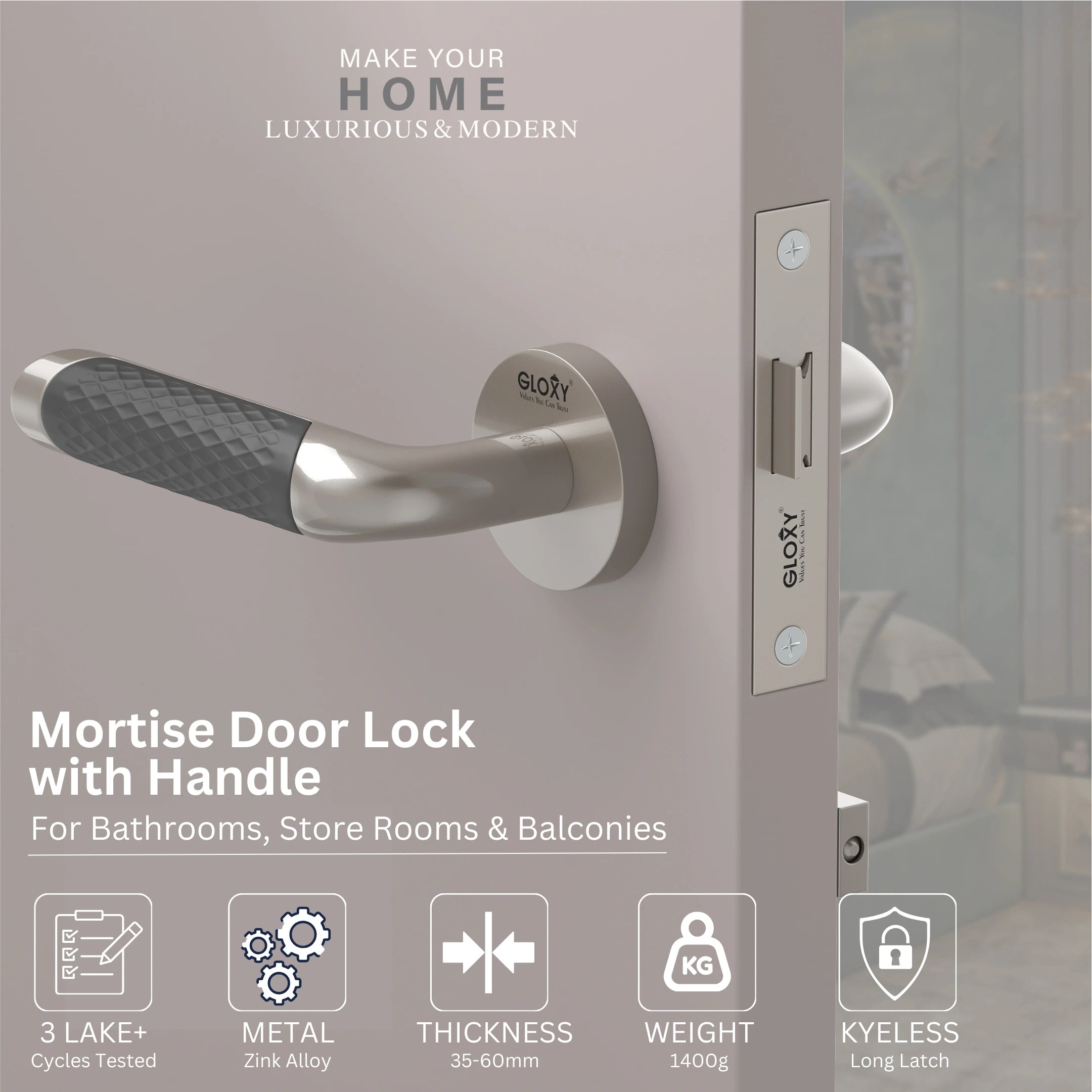 Gloxy Velto Series Satin Chrome Finish Mortise Bathroom Door Latch Lock With Handle