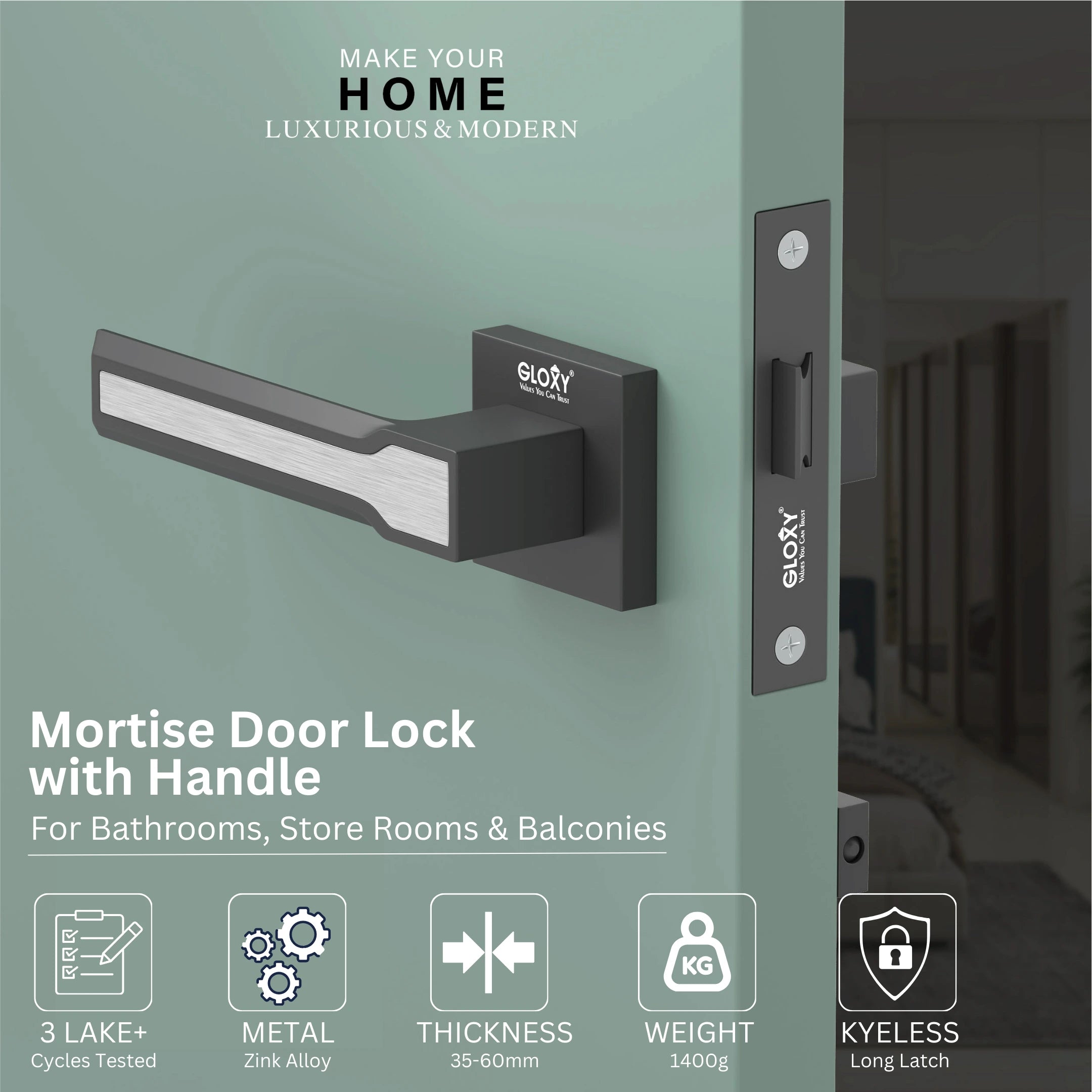 GLOXY Brass Door Lock for Balcony Store Room Door Lock, Mortise Keyless Handle Set with Brass Baby Latch for Home,Office,Hotel | Black & White Finish (2 Years Warranty, Pack of 1)