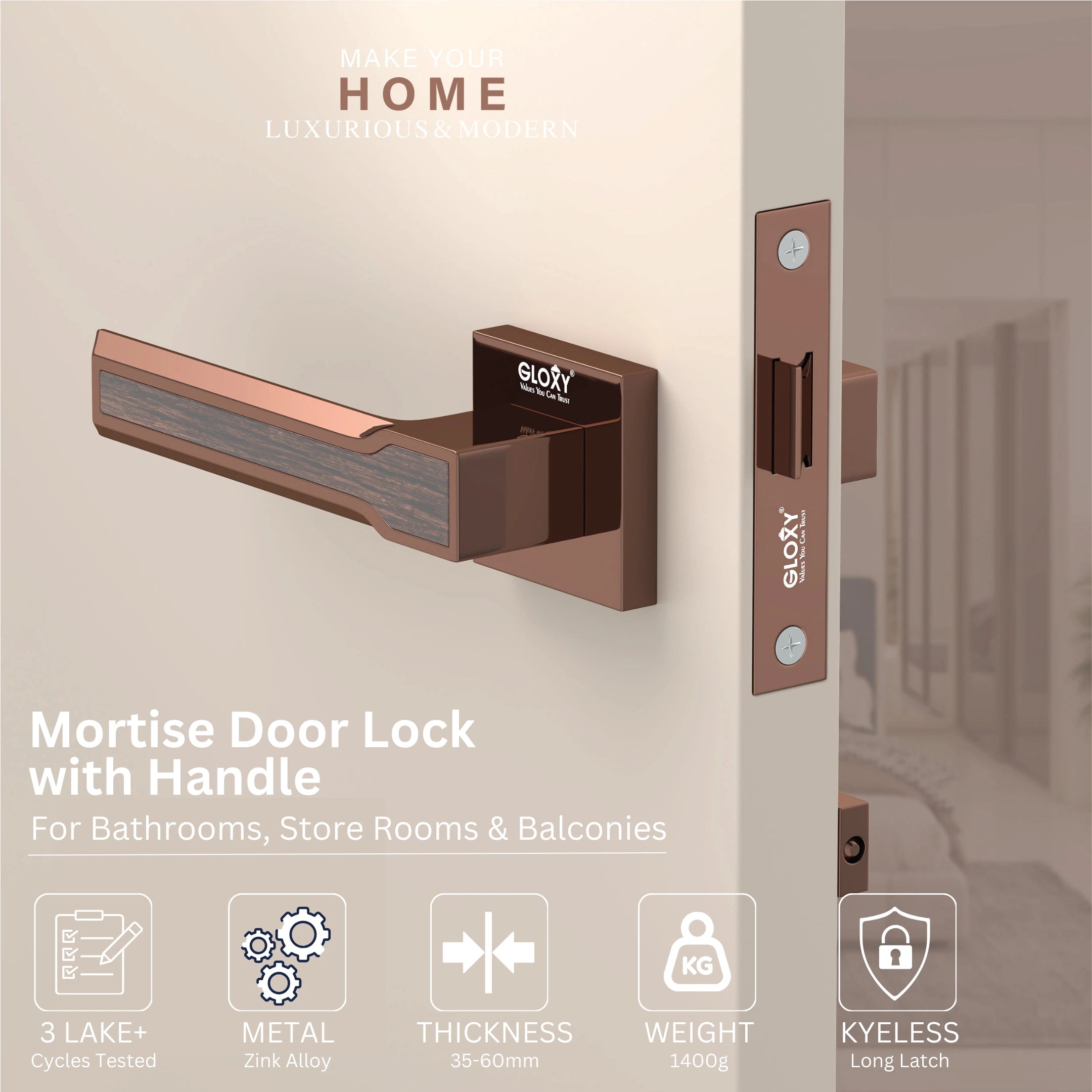 Gloxy Torin Series Rose Gold Finish Mortise Bathroom Door Latch Lock With Handle