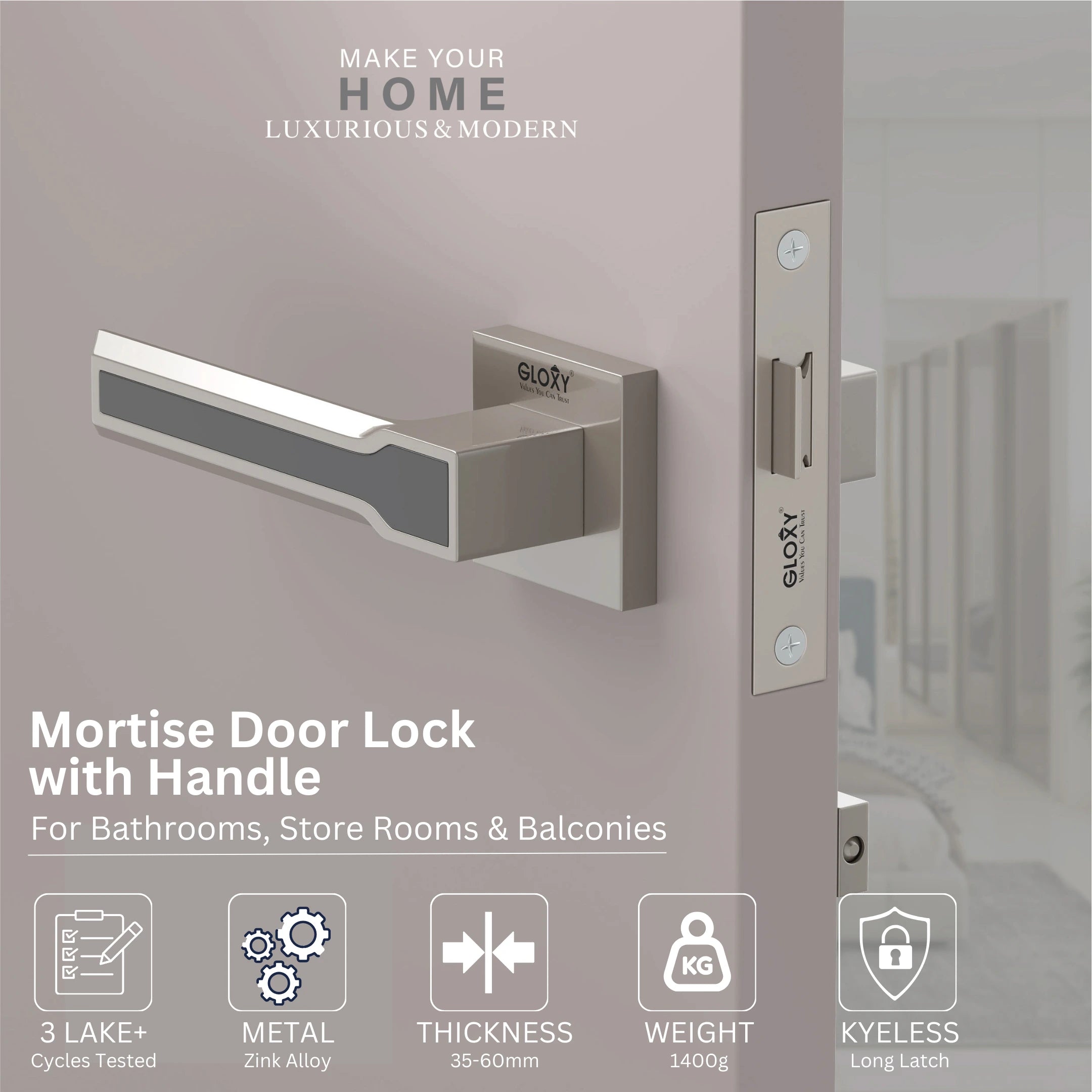 GLOXY Brass Door Lock for Balcony Store Room Door Lock, Mortise Keyless Handle Set with Brass Baby Latch for Home,Office,Hotel | Satin Finish (2 Years Warranty, Pack of 1)