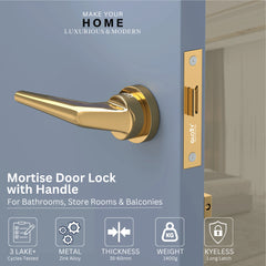 GLOXY Brass Door Lock for Balcony Store Room Door Lock, Mortise Keyless Handle Set with Brass Baby Latch for Home,Office,Hotel | Gold Finish (2 Years Warranty, Pack of 1)