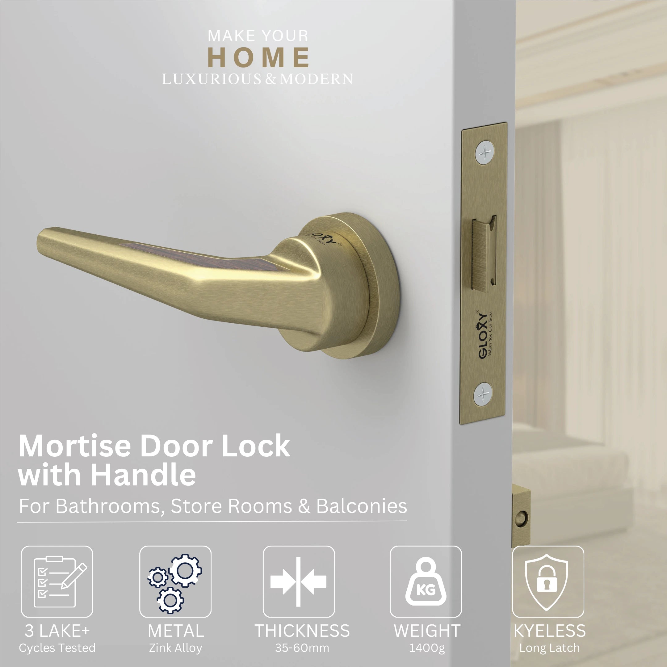 GLOXY Brass Door Lock for Balcony Store Room Door Lock, Mortise Keyless Handle Set with Brass Baby Latch for Home,Office,Hotel | Antique & Black Finish (2 Years Warranty, Pack of 1)