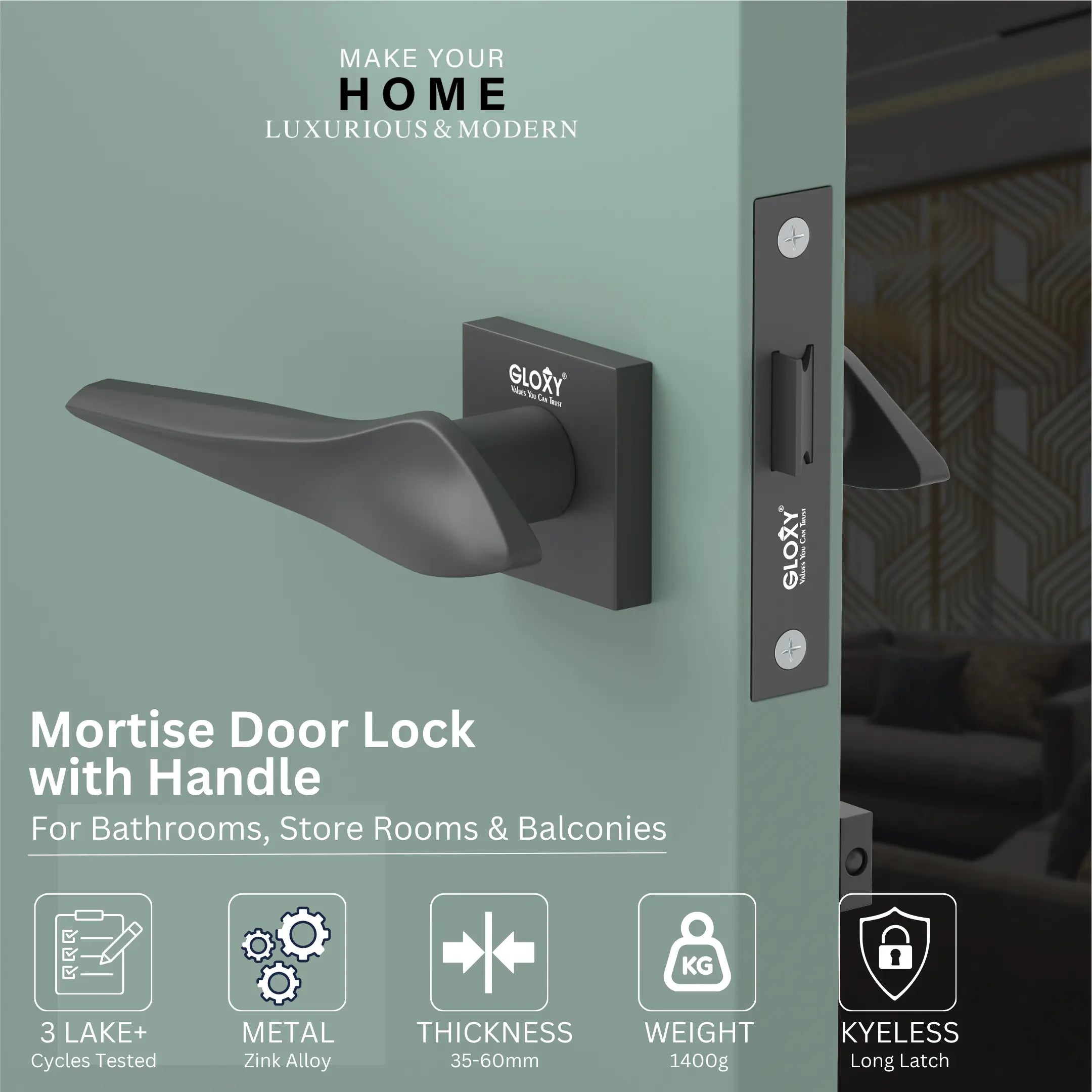 Gloxy Baby Latch Door Locks for Bathroom Door Lock, Balcony Mortise Keyless Pull Handle Set with Brass Baby Latch for Home, Kitchen | Black Finish (2 Years Warranty, Pack of 1)