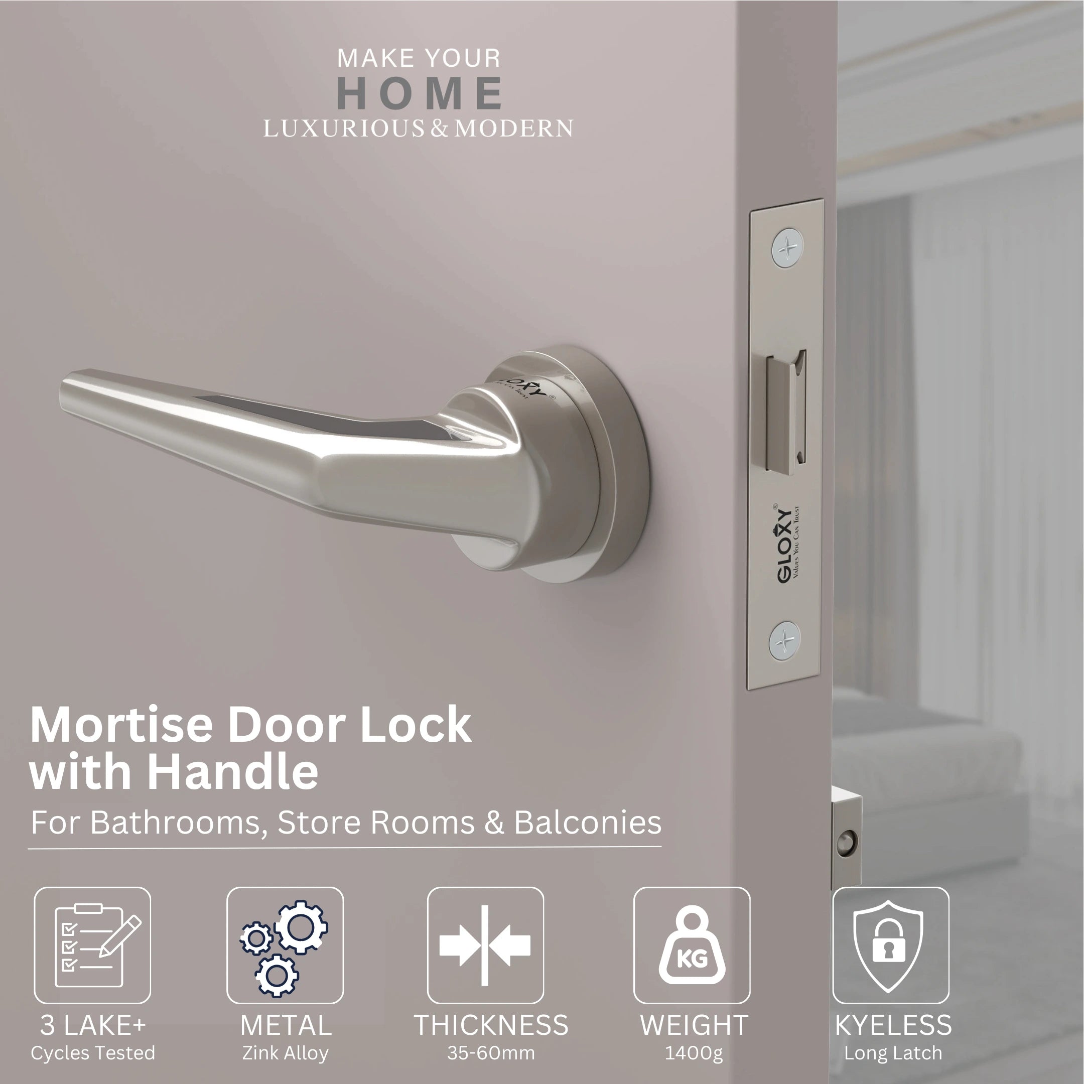 GLOXY Brass Door Lock for Balcony Store Room Door Lock, Mortise Keyless Handle Set with Brass Baby Latch for Home,Office,Hotel | Satin & Black Finish (2 Years Warranty, Pack of 1)