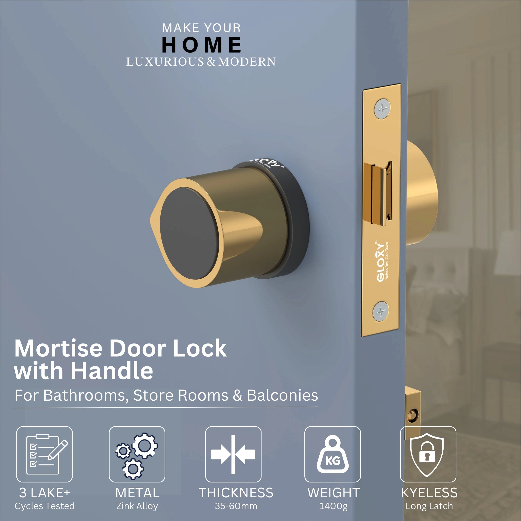 GLOXY Brass Door Lock for Balcony Store Room Door Lock, Mortise Keyless Handle Set with Brass Baby Latch for Home,Office,Hotel | Gold & Black Finish (2 Years Warranty, Pack of 1)
