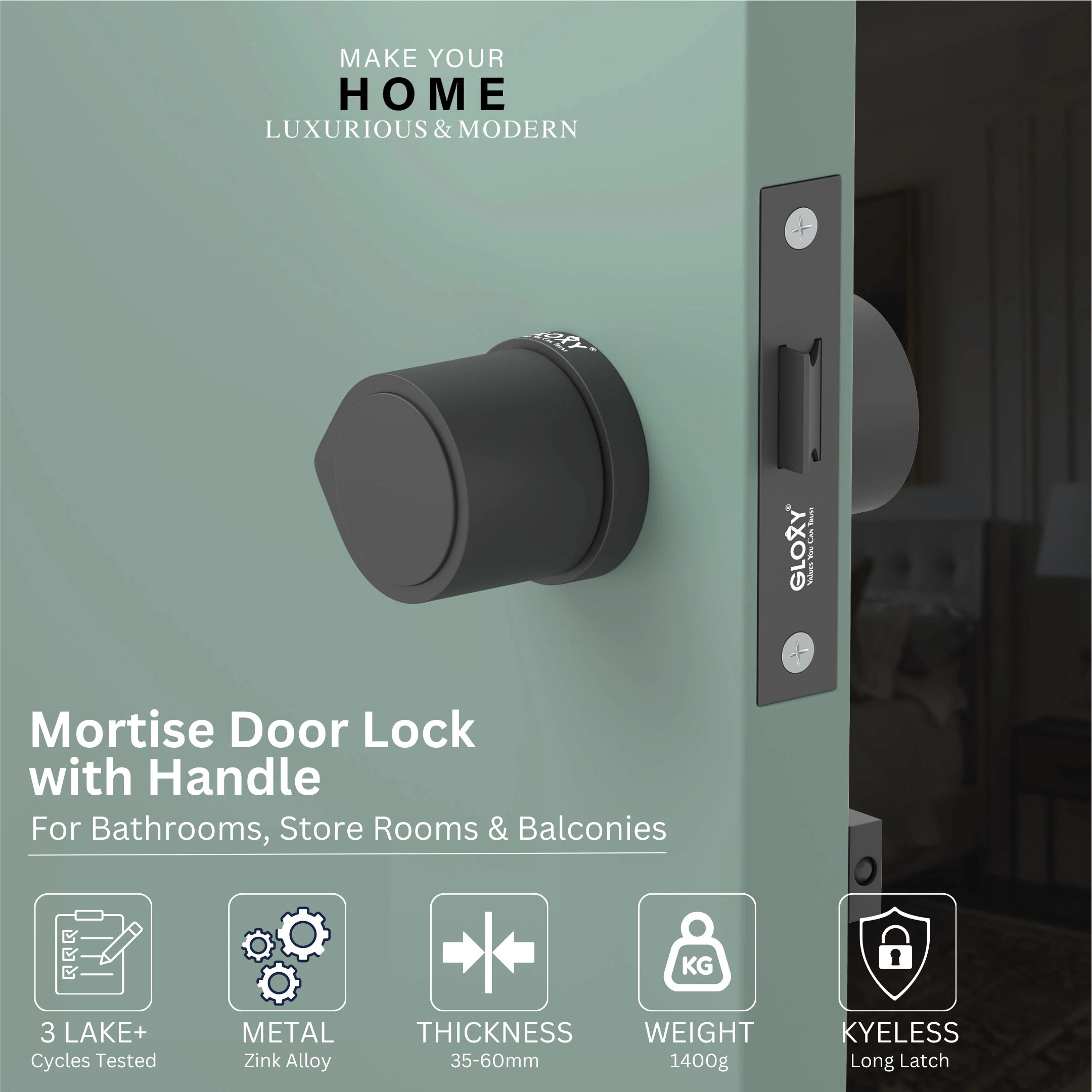 Gloxy Zayno Series Black Finish Mortise Bathroom Door Latch Lock With Round Handle