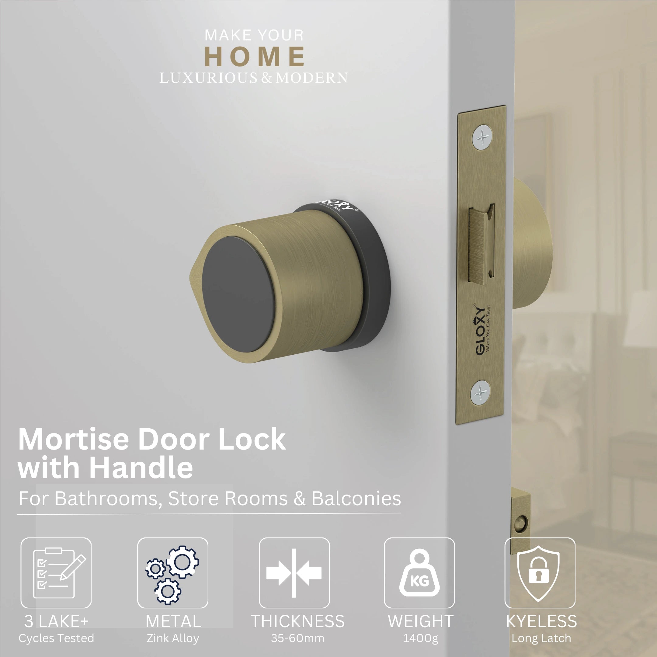 GLOXY Brass Door Lock for Balcony Store Room Door Lock, Mortise Keyless Handle Set with Brass Baby Latch for Home,Office,Hotel | Antique & Black Finish (2 Years Warranty, Pack of 1)