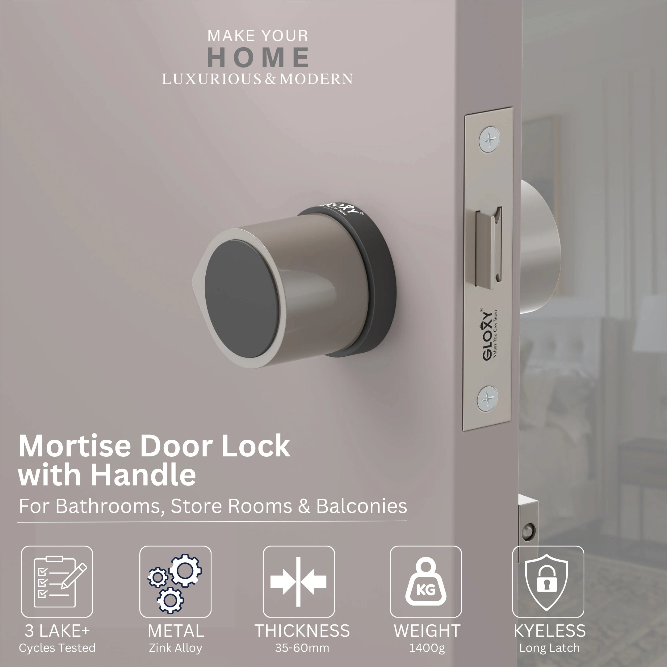 GLOXY Brass Door Lock for Balcony Store Room Door Lock, Mortise Keyless Handle Set with Brass Baby Latch for Home,Office,Hotel | satin & Black Finish (2 Years Warranty, Pack of 1)