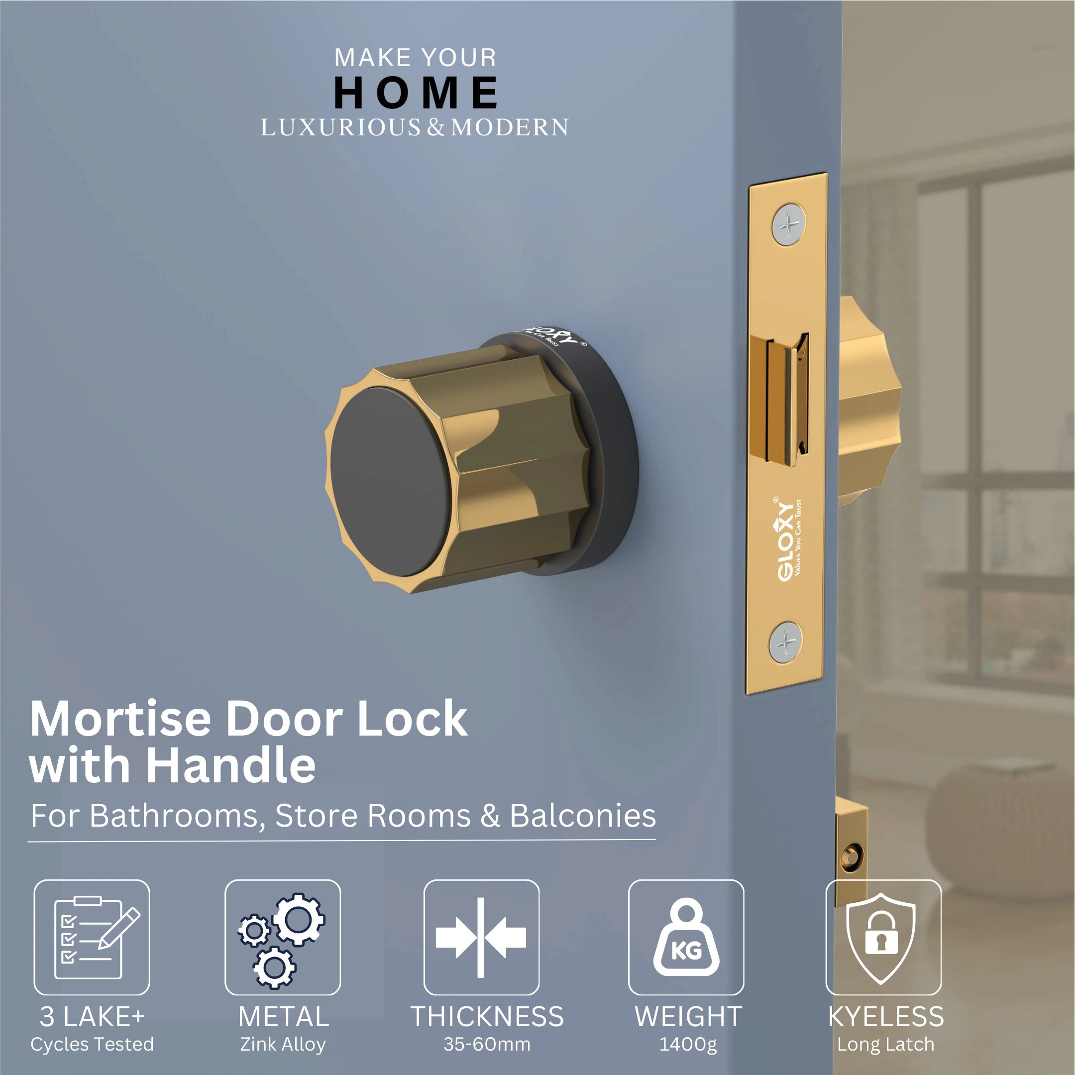 GLOXY Brass Door Lock for Balcony Store Room Door Lock, Mortise Keyless Handle Set with Brass Baby Latch for Home,Office,Hotel | Gold & Black Finish (2 Years Warranty, Pack of 1)