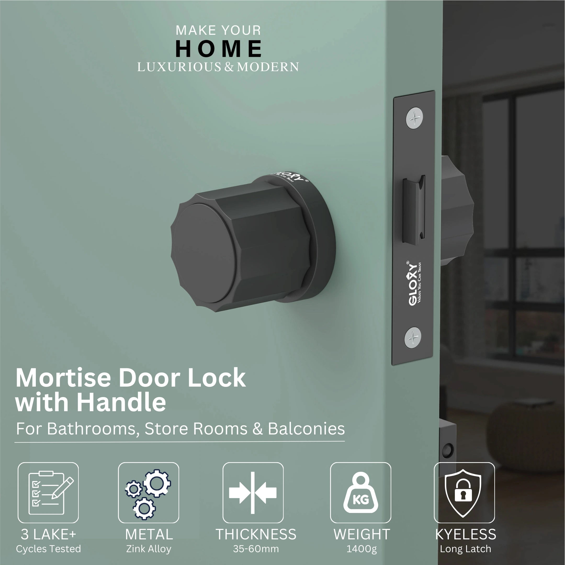 Gloxy Monik Series Black Finish Mortise Bathroom Door Latch Lock With Round Handle