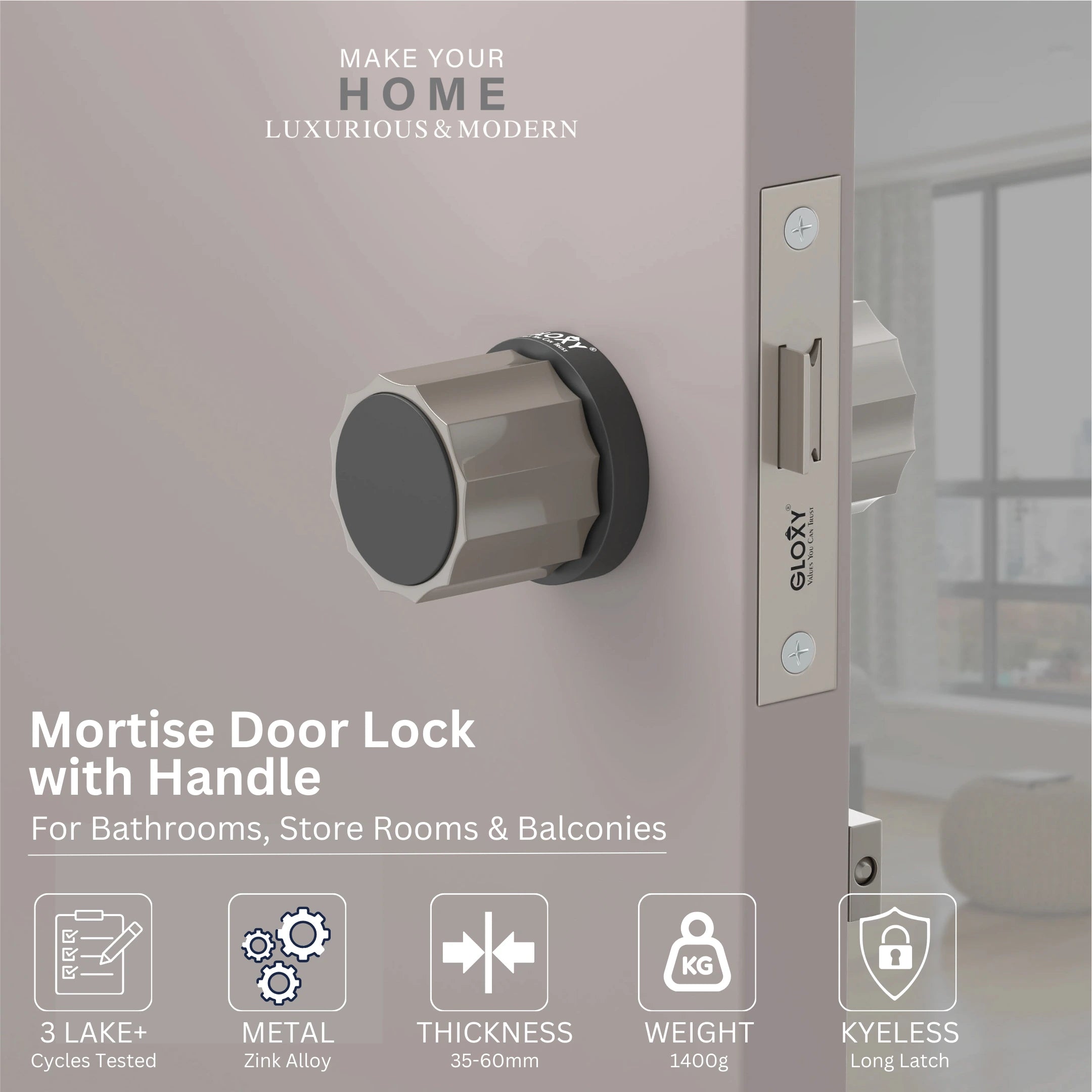 Gloxy Monik Series Satin Chrome Finish Mortise Bathroom Door Latch Lock With Round Handle