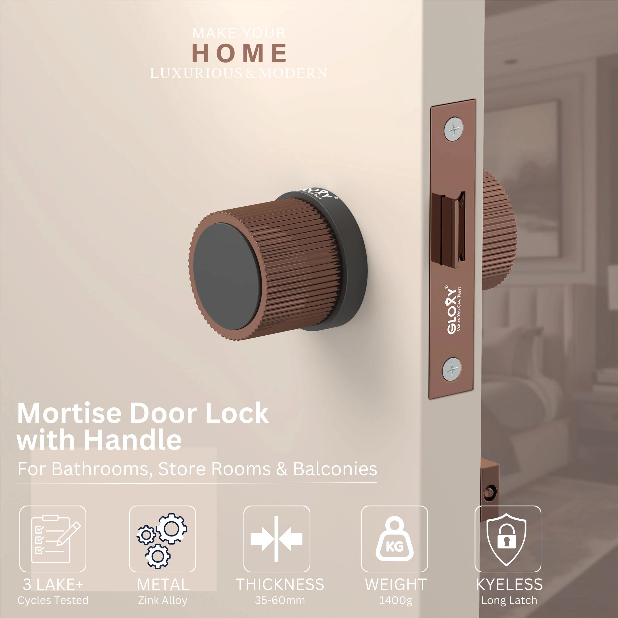 GLOXY Brass Door Lock for Balcony Store Room Door Lock, Mortise Keyless Handle Set with Brass Baby Latch for Home,Office,Hotel | Rose Gold & Black Finish (2 Years Warranty, Pack of 1)