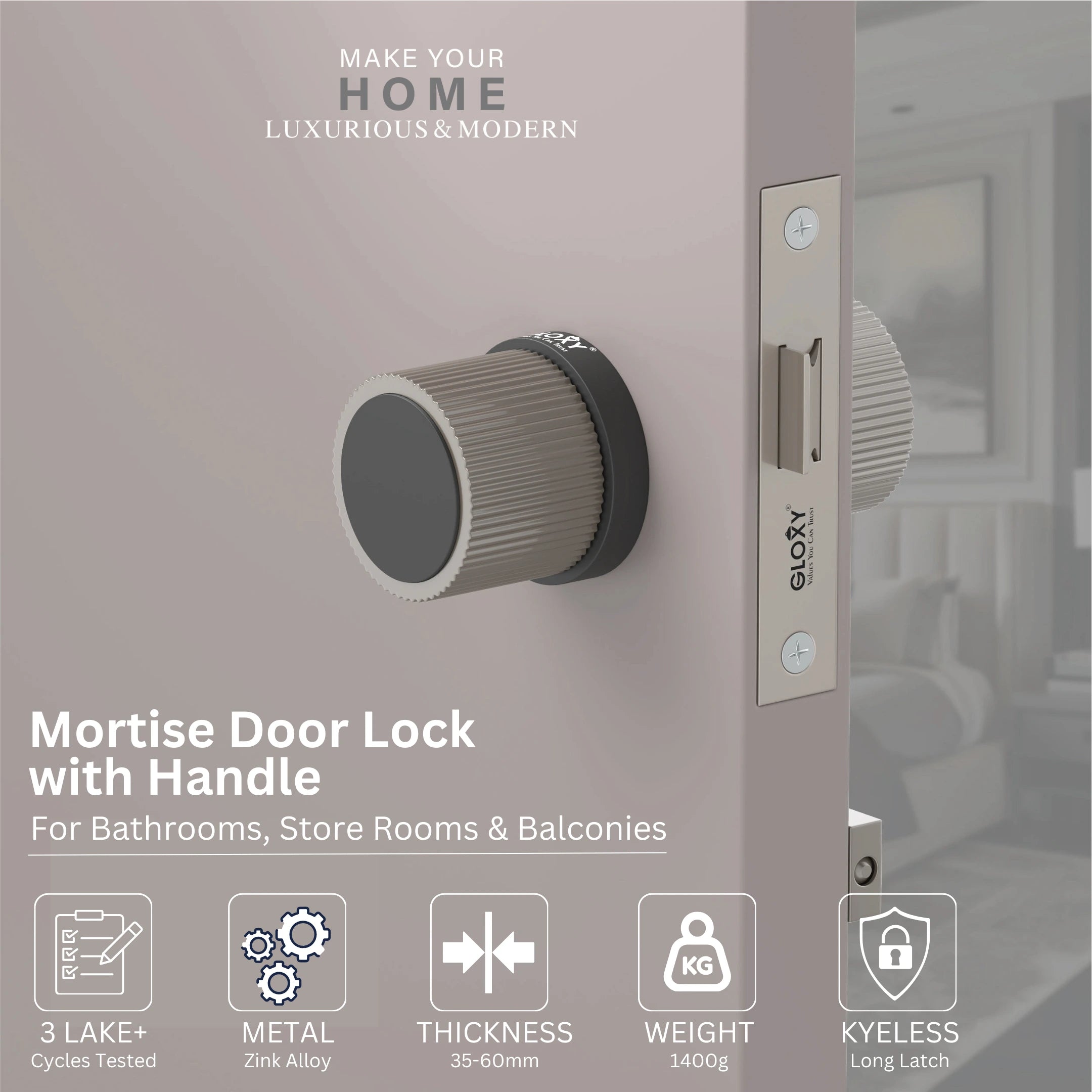 Gloxy Stylor Series Satin Chrome Finish Mortise Bathroom Door Latch Lock With Round Handle