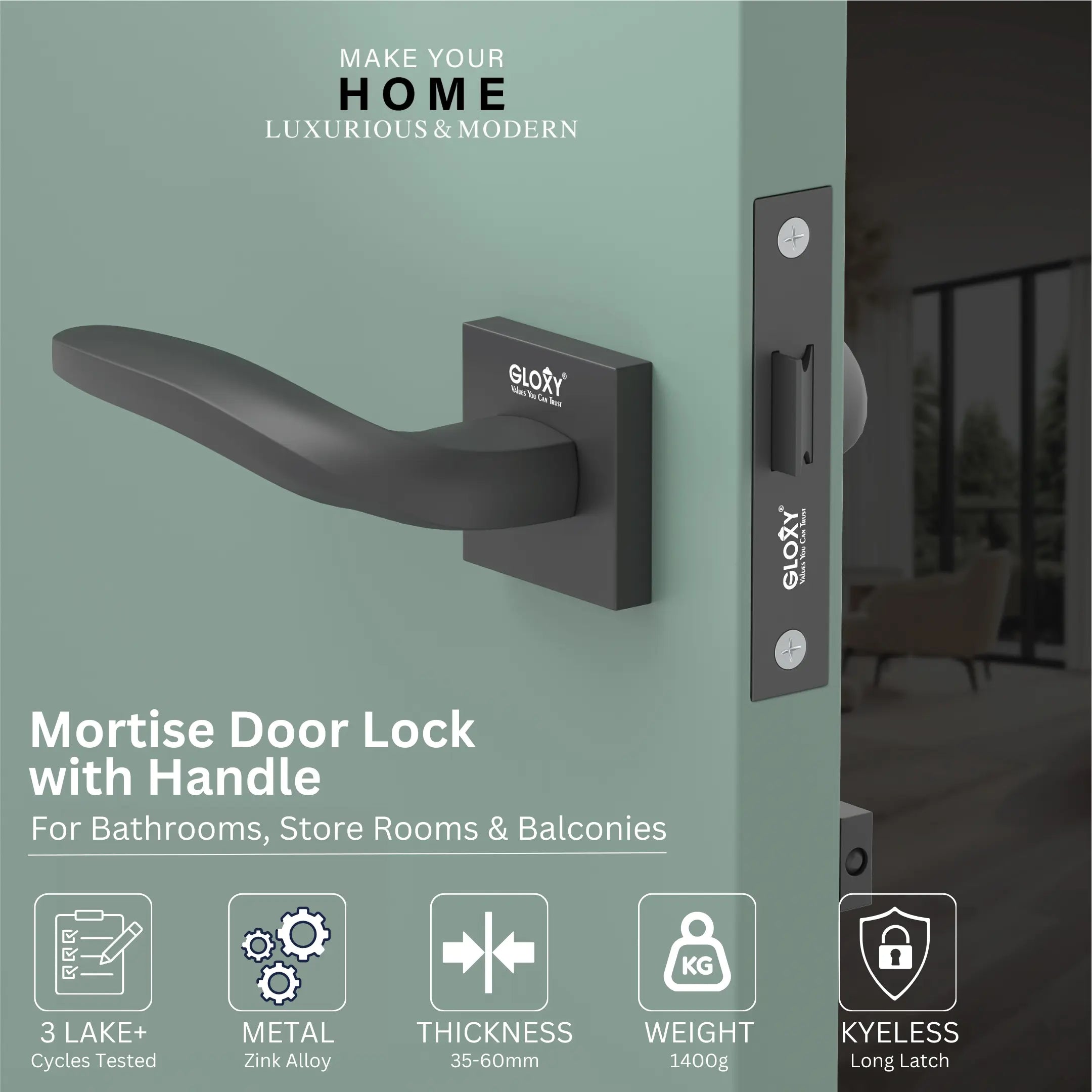 Gloxy Mortise Baby Latch Locks for Bathroom Door Lock, Balcony Store Room Door Lock, Mortise Keyless Handle Set with Brass Baby Latch for All Door| Black Finish (2 Years Warranty, Pack of 1)