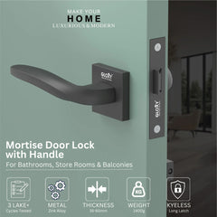Gloxy Mortise Baby Latch Locks for Bathroom Door Lock, Balcony Store Room Door Lock, Mortise Keyless Handle Set with Brass Baby Latch for All Door| Black Finish (2 Years Warranty, Pack of 1)