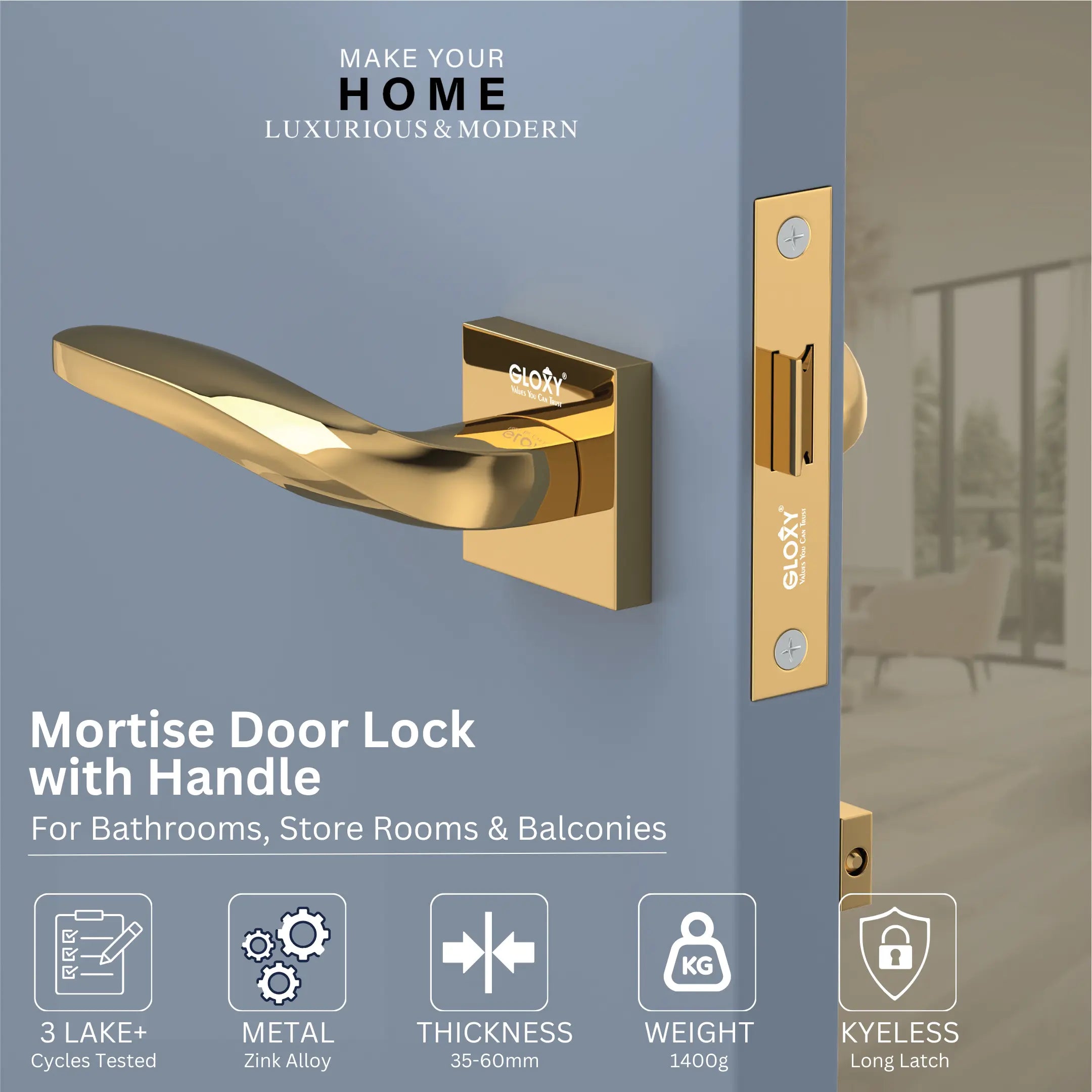 Gloxy Mortise Baby Latch Locks for Bathroom Door Lock, Balcony Store Room Door Lock, Mortise Keyless Handle Set with Brass Baby Latch for All Door| Gold Finish (2 Years Warranty, Pack of 1)