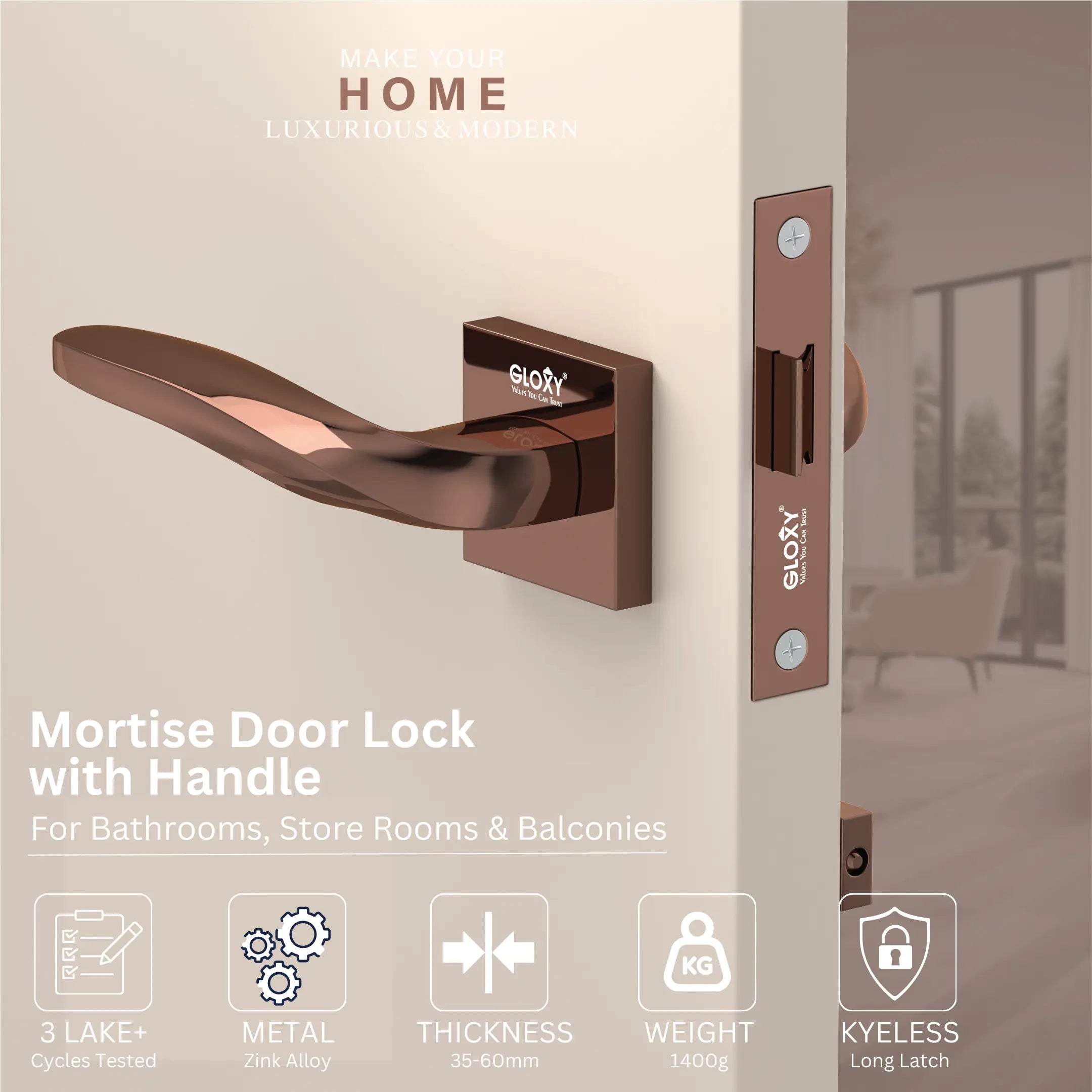 Gloxy Mortise Baby Latch Locks for Bathroom Door Lock, Balcony Store Room Door Lock, Mortise Keyless Handle Set with Brass Baby Latch for All Door| Rose Gold Finish (2 Years Warranty, Pack of 1)