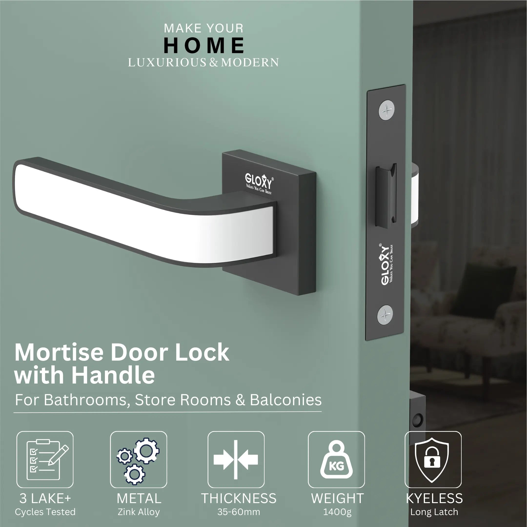 GLOXY Brass Door Lock for Balcony Store Room Door Lock, Mortise Keyless Handle Set with Brass Baby Latch for Home,Office,Hotel |  Black Finish (2 Years Warranty, Pack of 1)